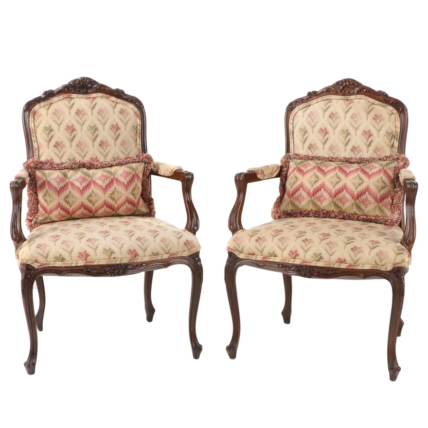 Pair Louis XV Style Upholstered Carved Walnut Fauteuils, Late 20th Century