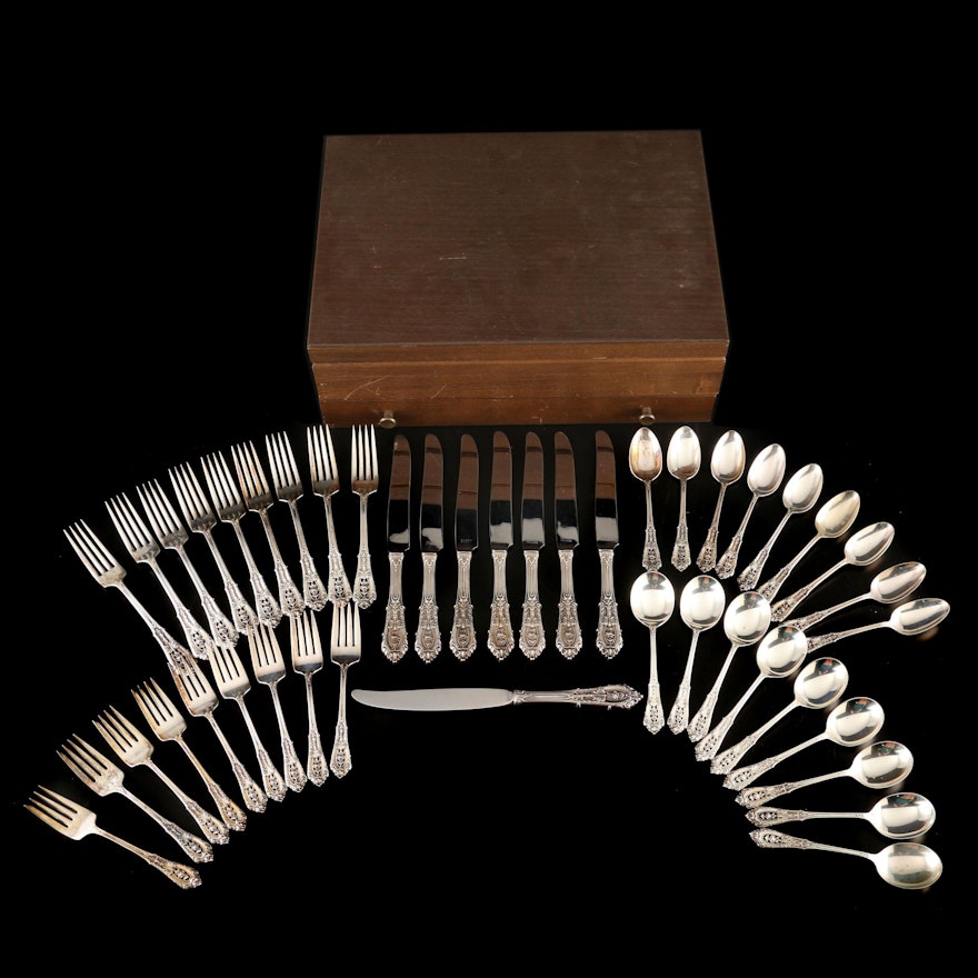 Wallace "Rose Point" Sterling Silver Flatware and Wooden Chest, Mid-20th Century