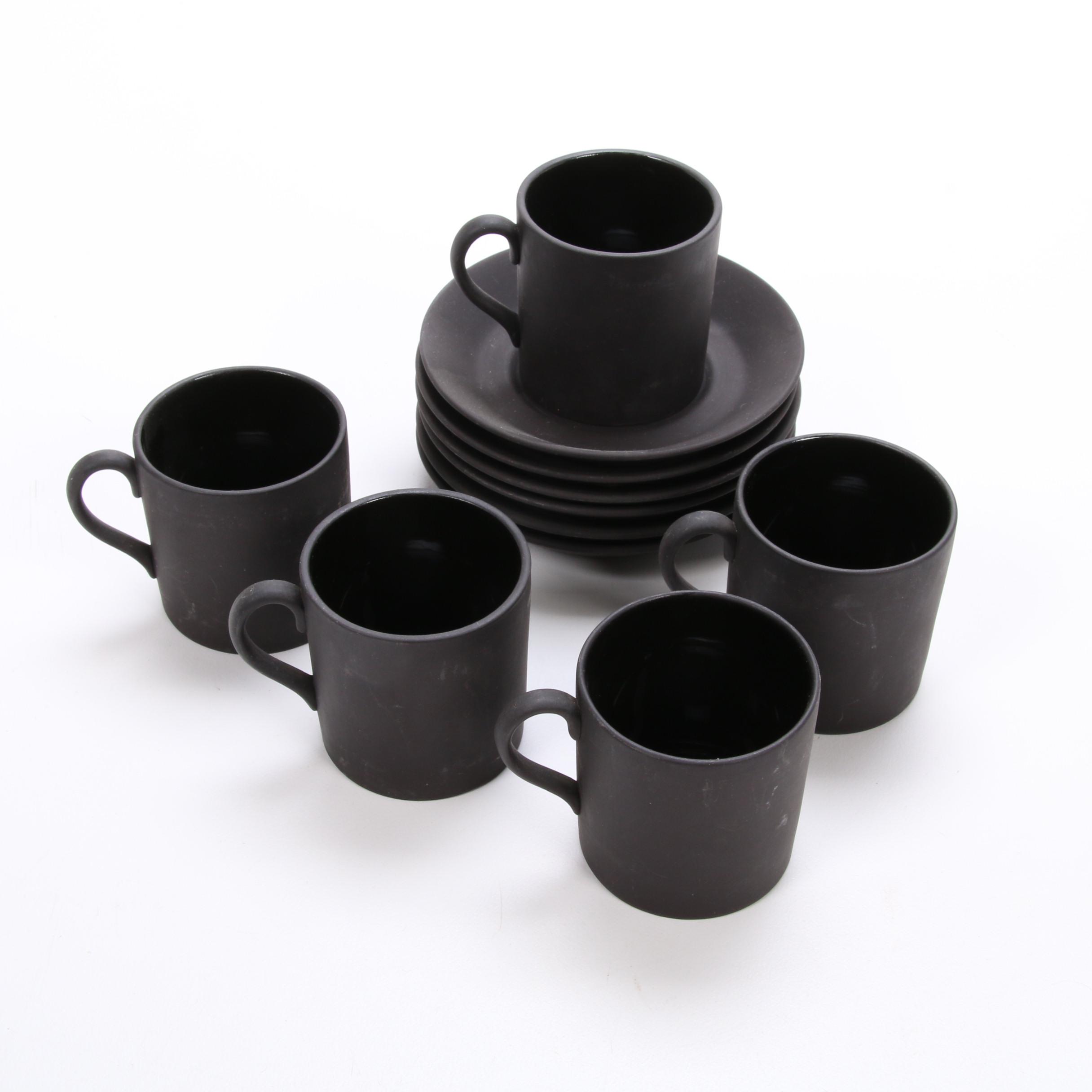 Wedgwood Portland Blue Jasperware Teapot and Black Basalt Tea Set