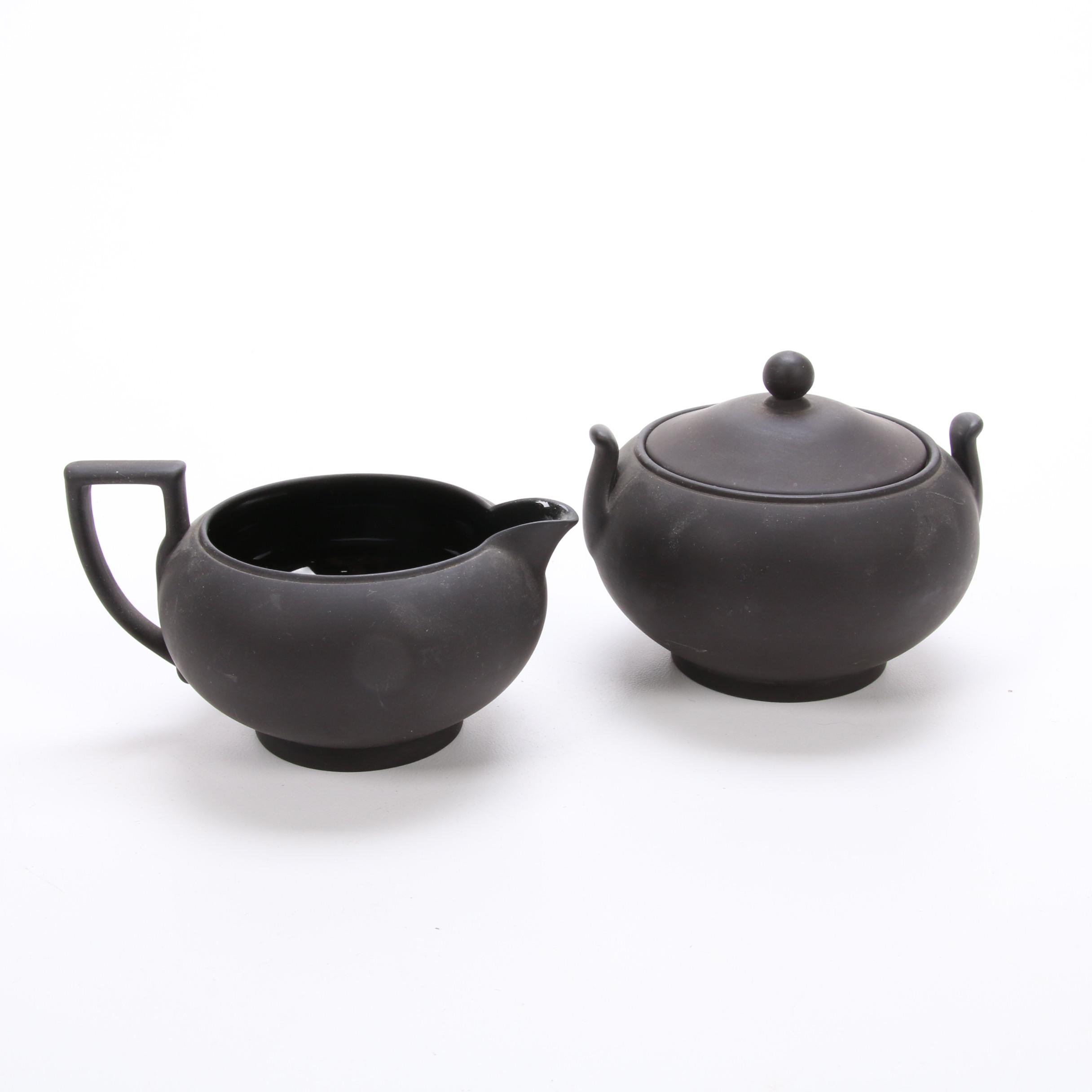 Wedgwood Portland Blue Jasperware Teapot and Black Basalt Tea Set