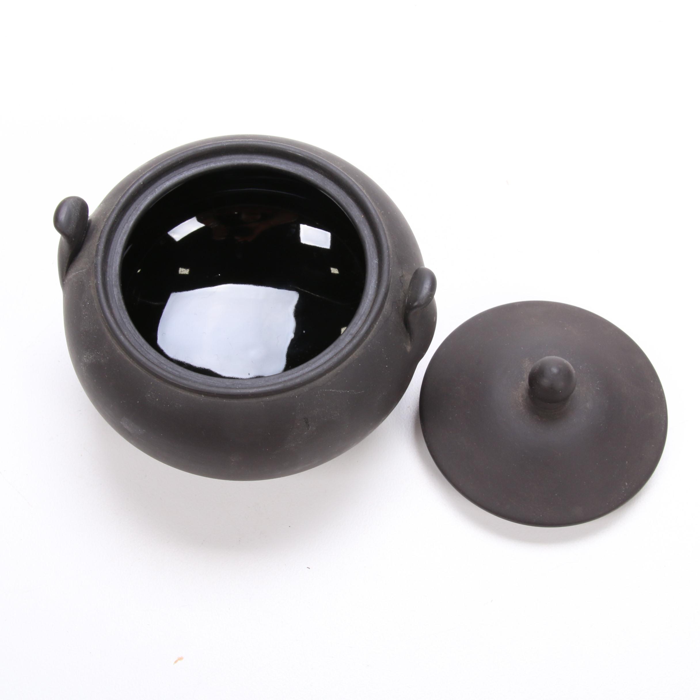 Wedgwood Portland Blue Jasperware Teapot and Black Basalt Tea Set