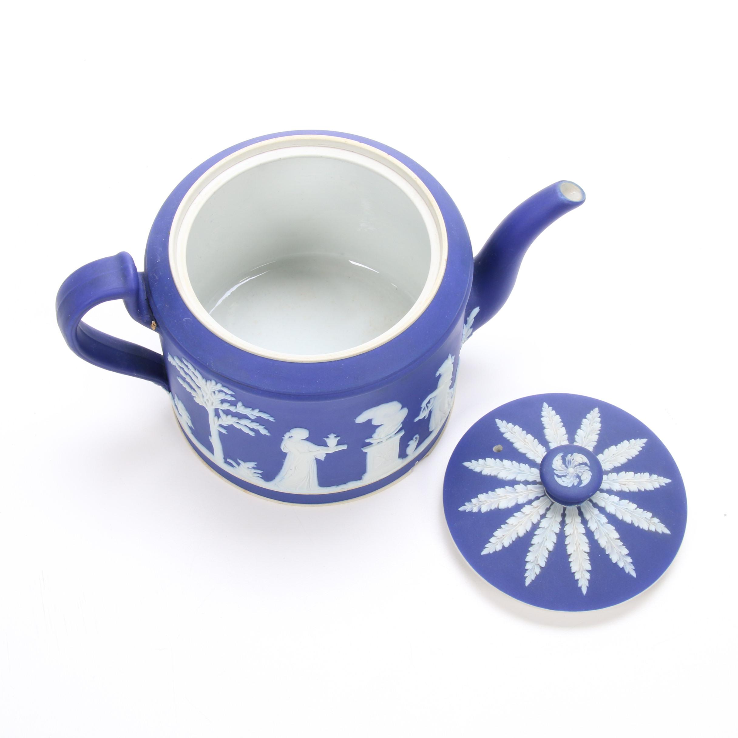 Wedgwood Portland Blue Jasperware Teapot and Black Basalt Tea Set