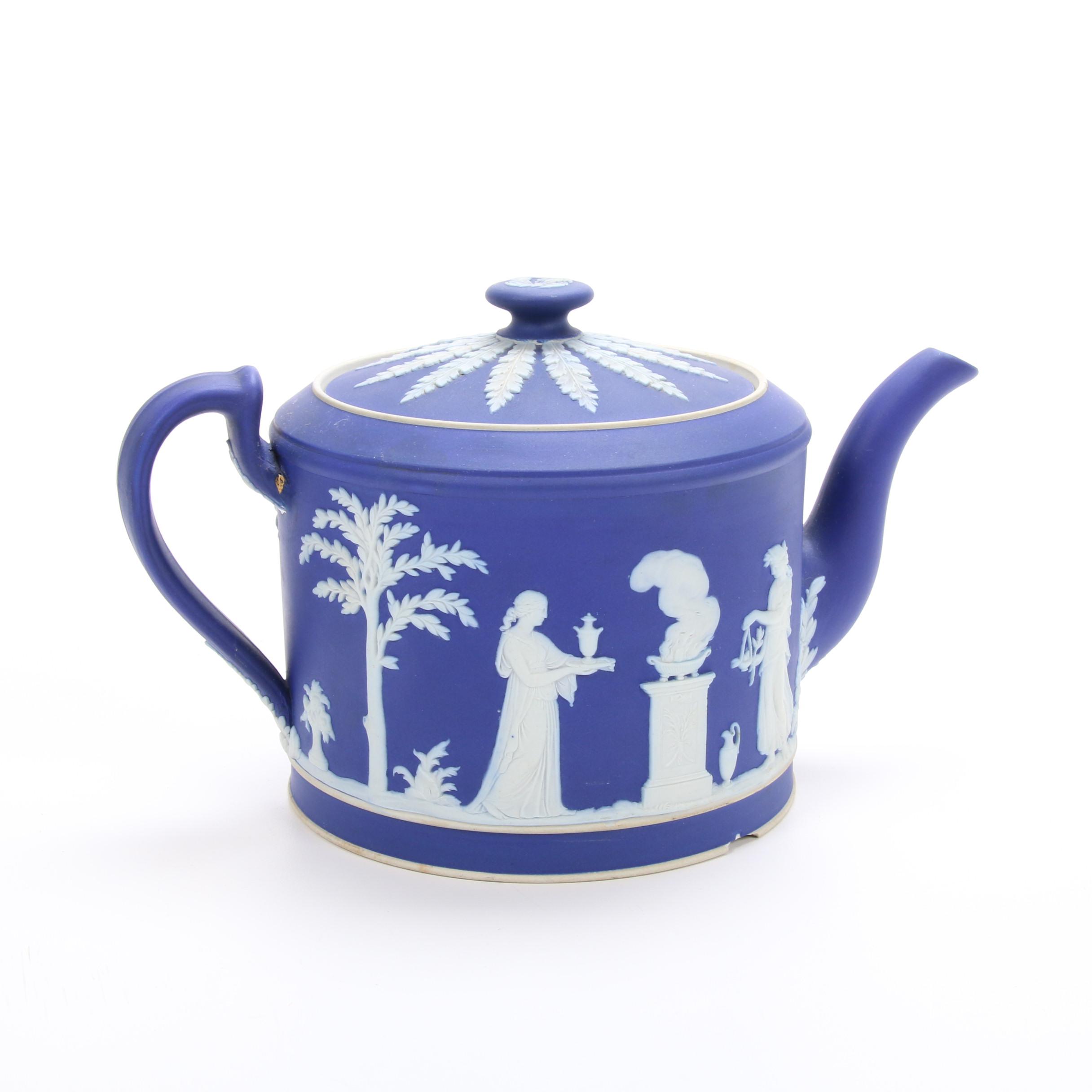 Wedgwood Portland Blue Jasperware Teapot and Black Basalt Tea Set