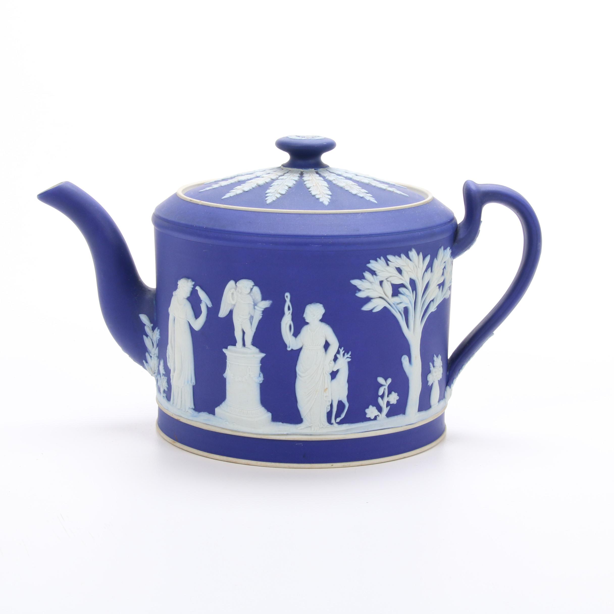 Wedgwood Portland Blue Jasperware Teapot and Black Basalt Tea Set