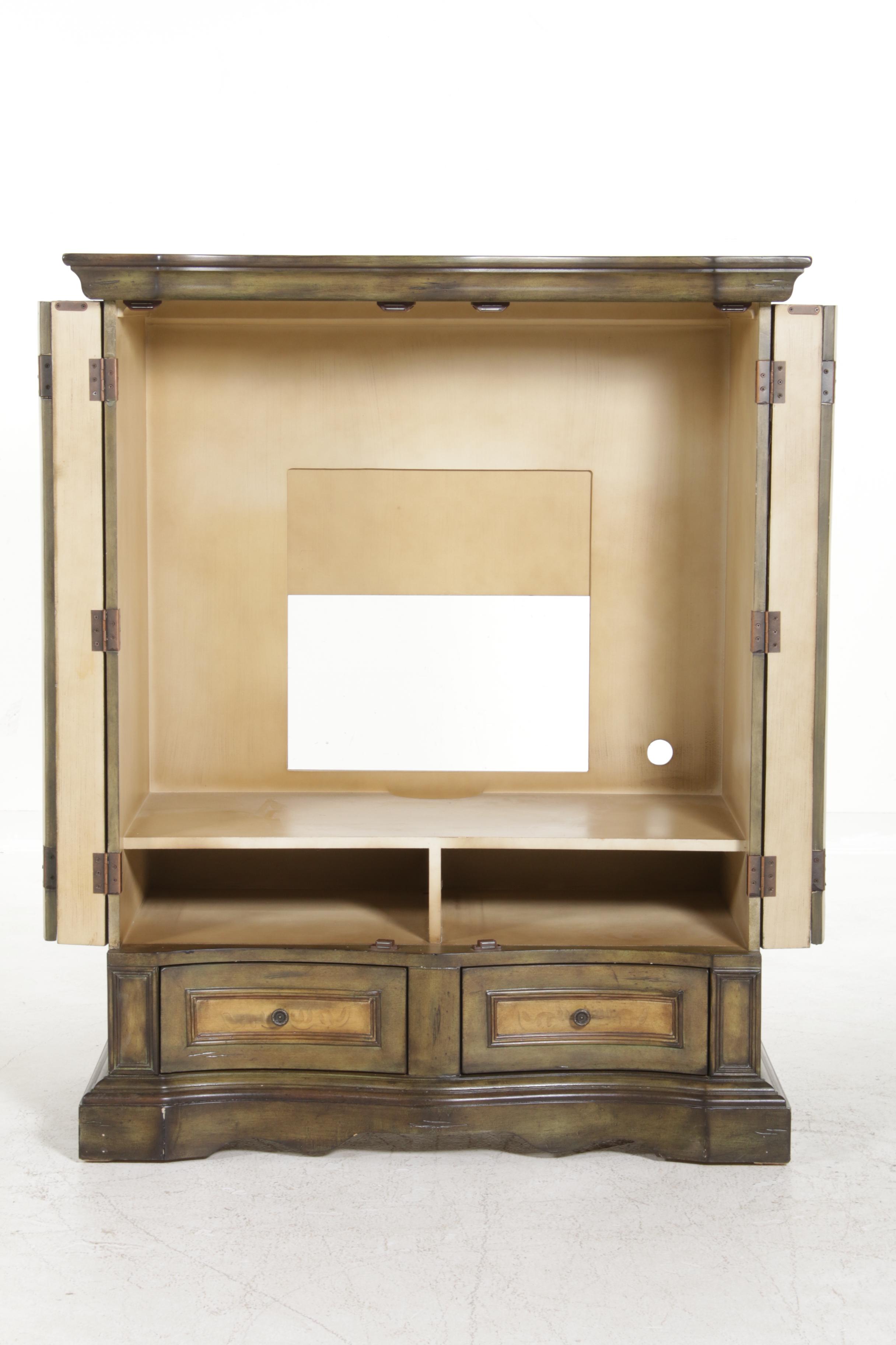 Paint Distressed Provincial Style Curved Front Media Cabinet, Contemporary