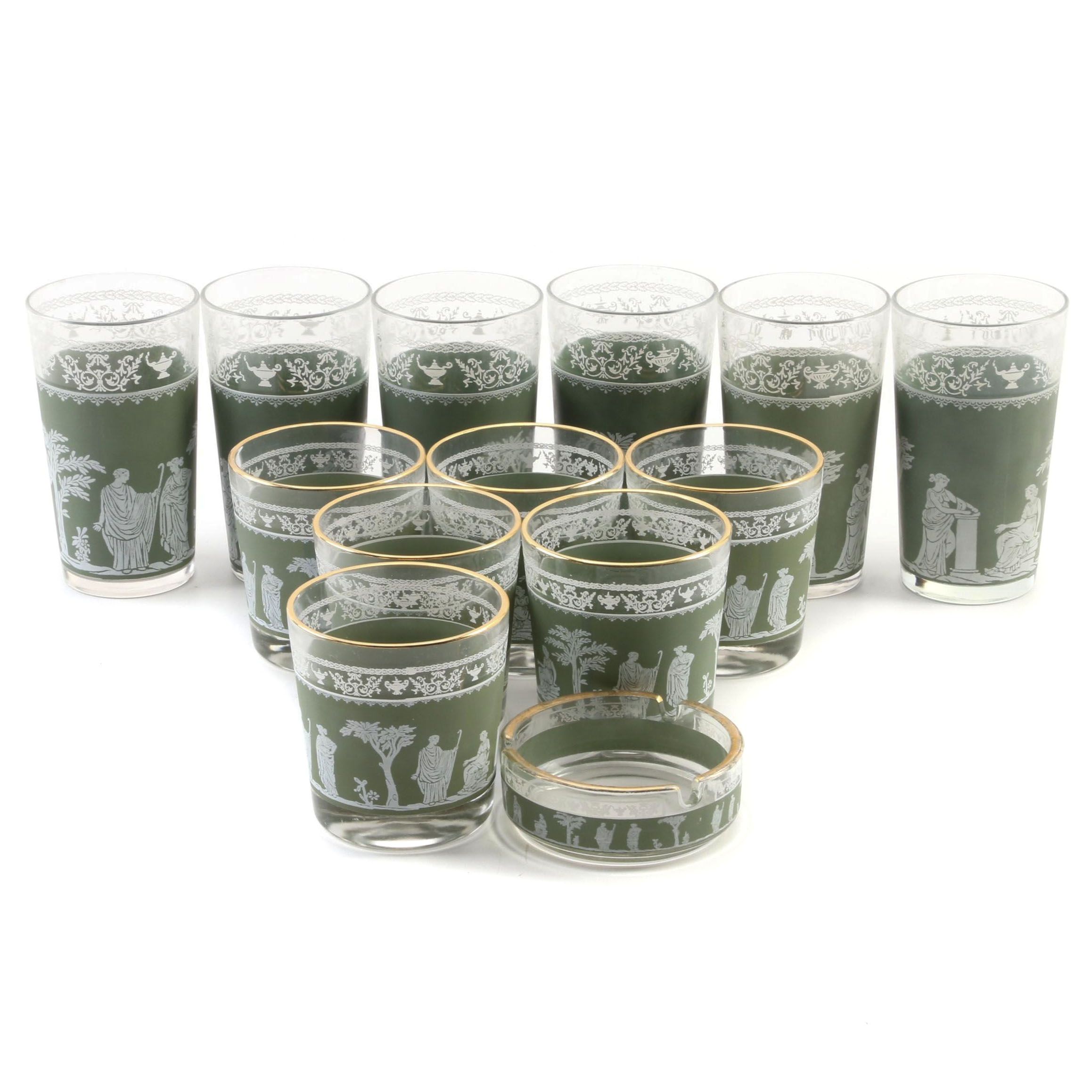 Jeanette "Hellenic Green" Glass Old Fashioned, Tumblers and Ashtray, Mid 20th C.