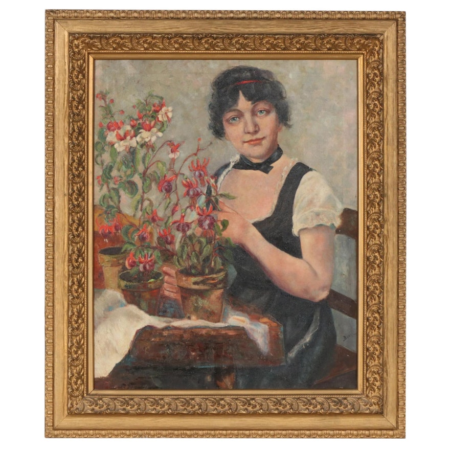 Suzanne Bove Oil Portrait of Woman with Flowers Painting