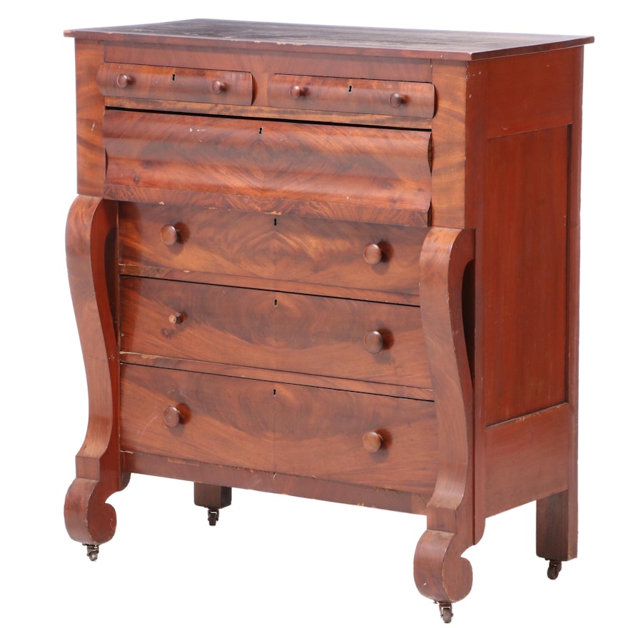 American Empire Flame Mahogany and Poplar Chest of Drawers, Mid-19th Century
