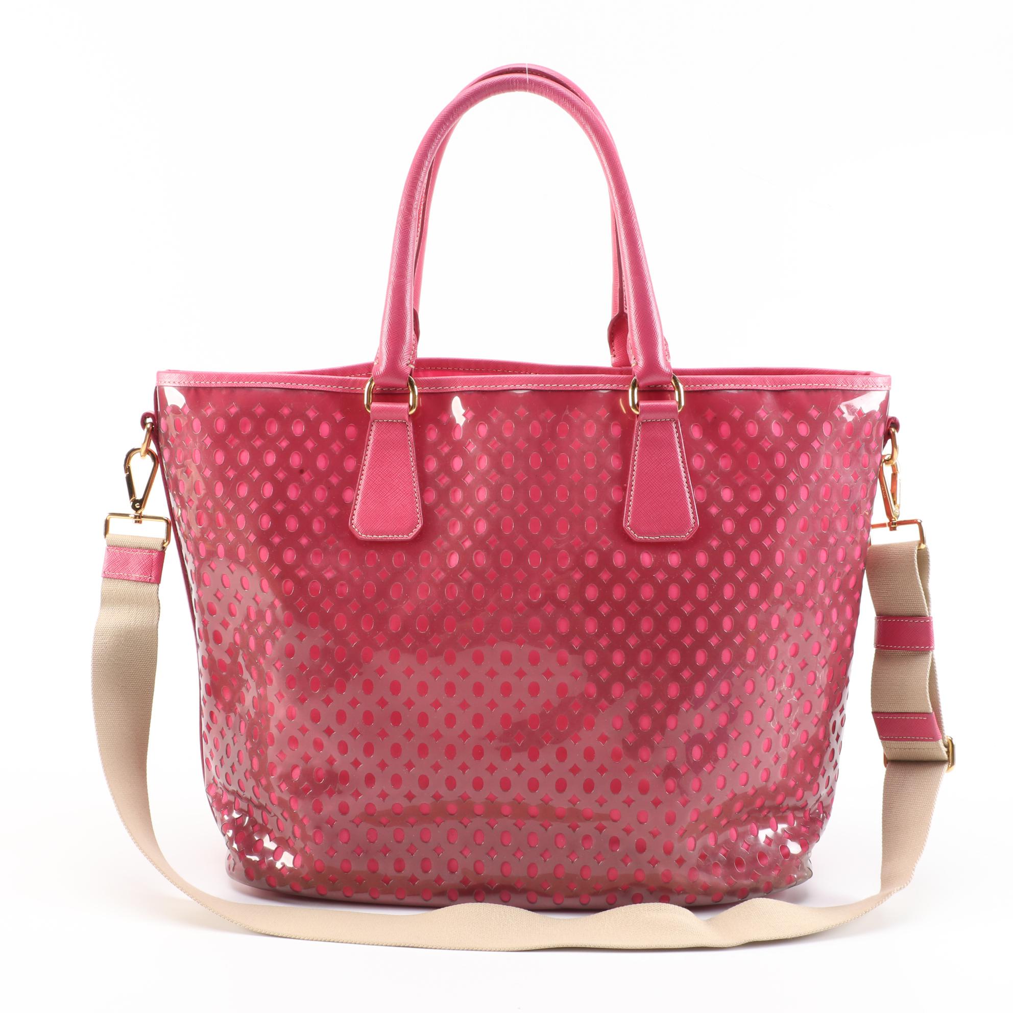 Prada Perforated Pink PVC, Nylon and Saffiano Leather Trimmed Two-Way Tote
