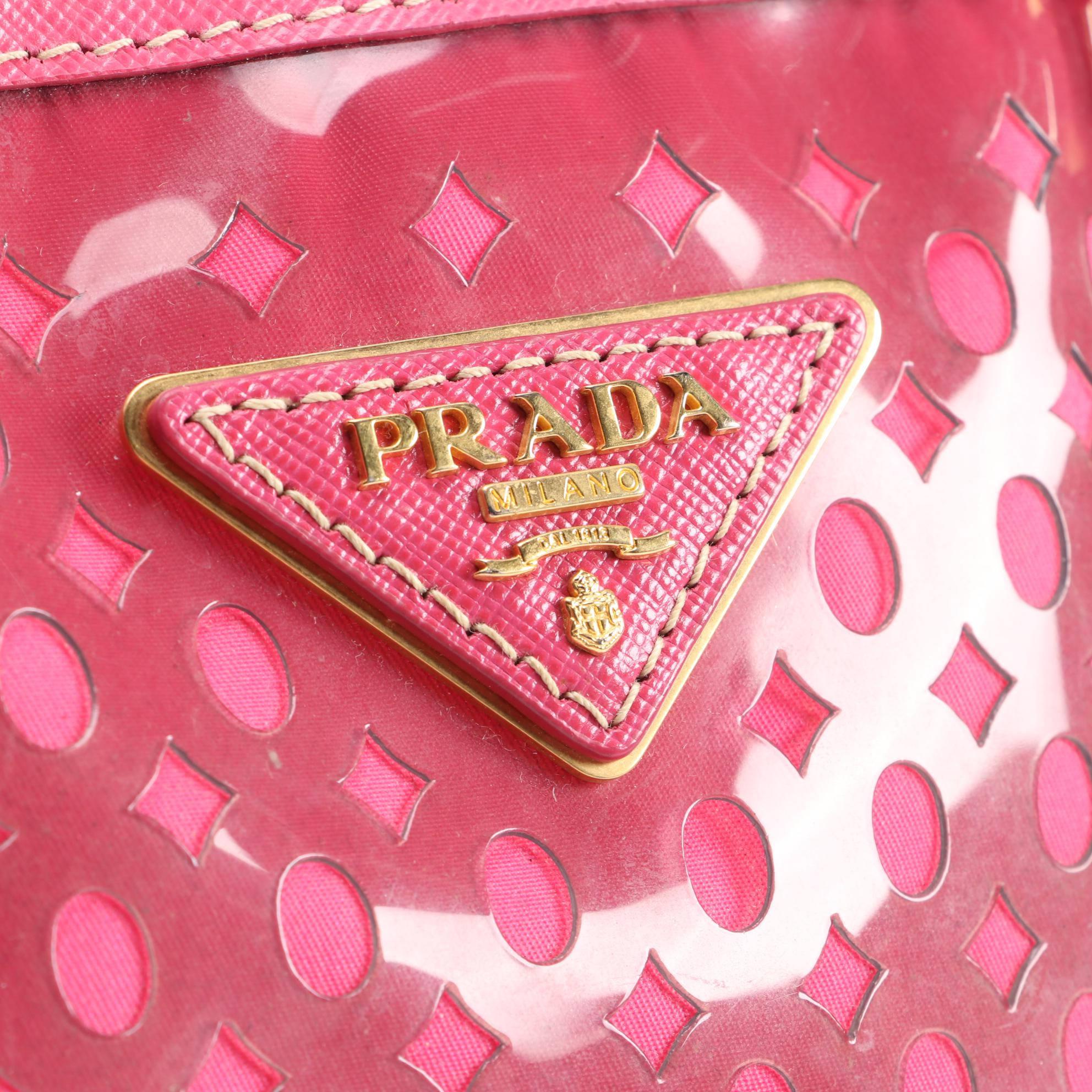 Prada Perforated Pink PVC, Nylon and Saffiano Leather Trimmed Two-Way Tote