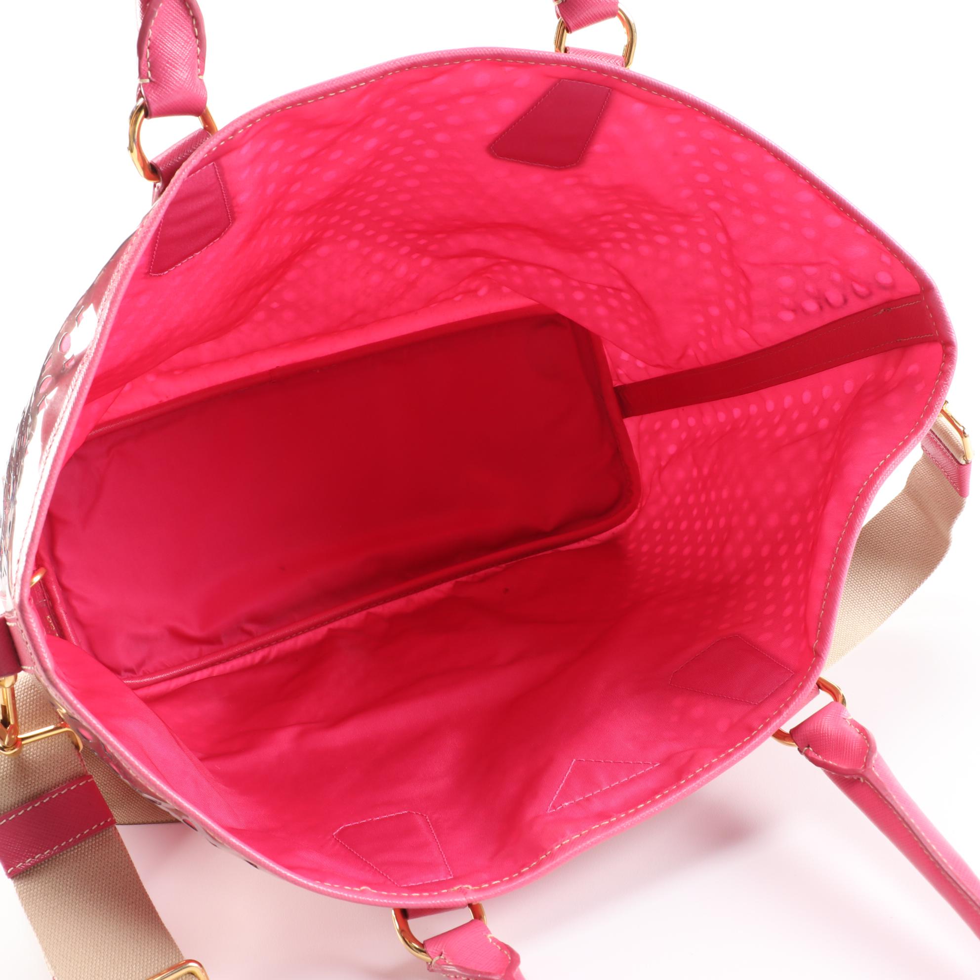 Prada Perforated Pink PVC, Nylon and Saffiano Leather Trimmed Two-Way Tote
