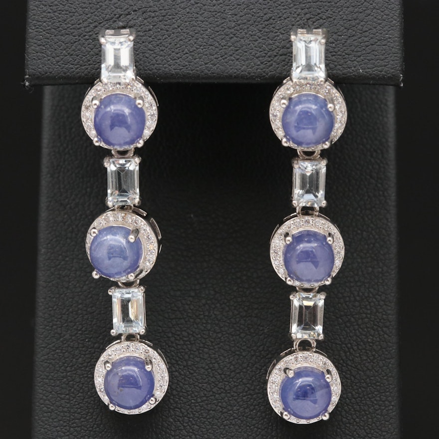 Sterling Silver Tanzanite, Aquamarine and Cubic Zirconia Dangle Earrings