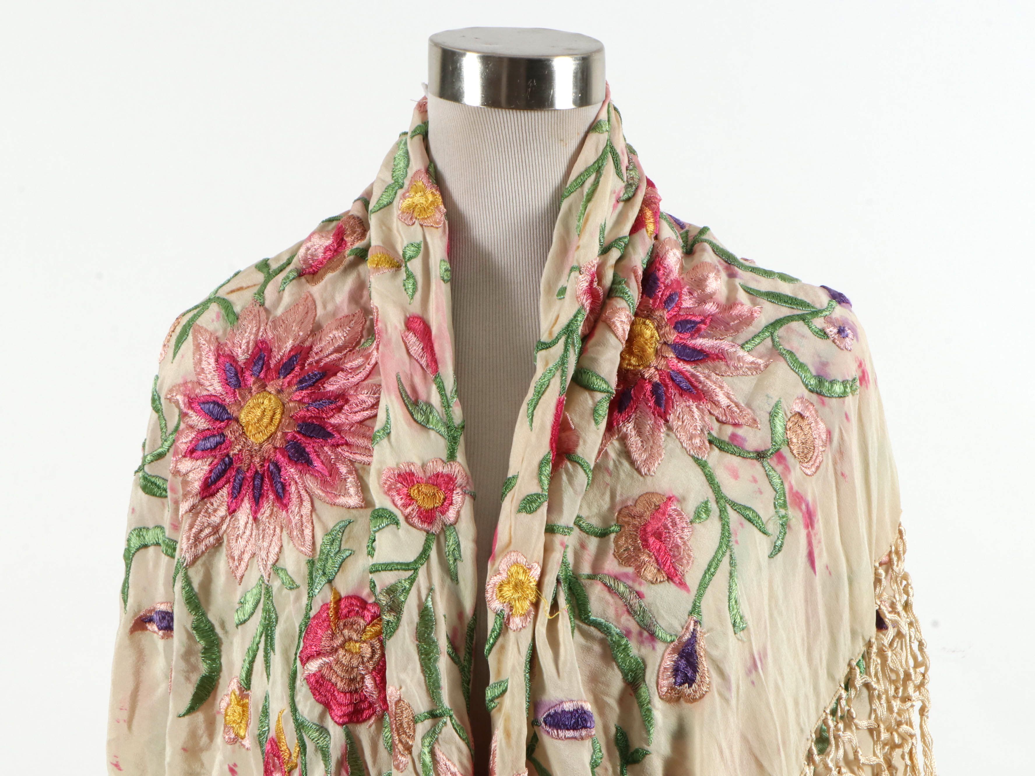 Floral Embroidered Cream Silk Piano Shawl, Early 20th Century