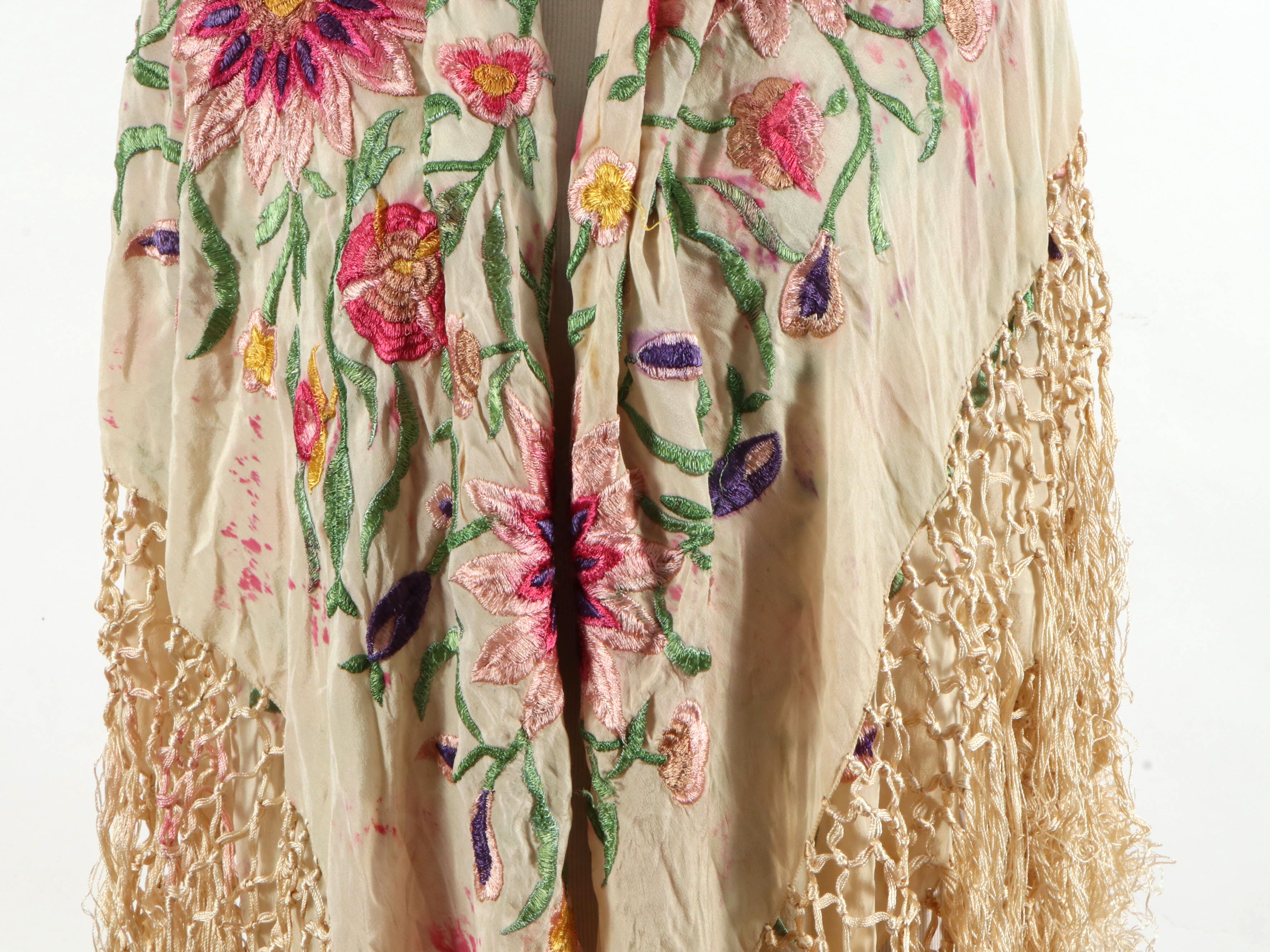 Floral Embroidered Cream Silk Piano Shawl, Early 20th Century