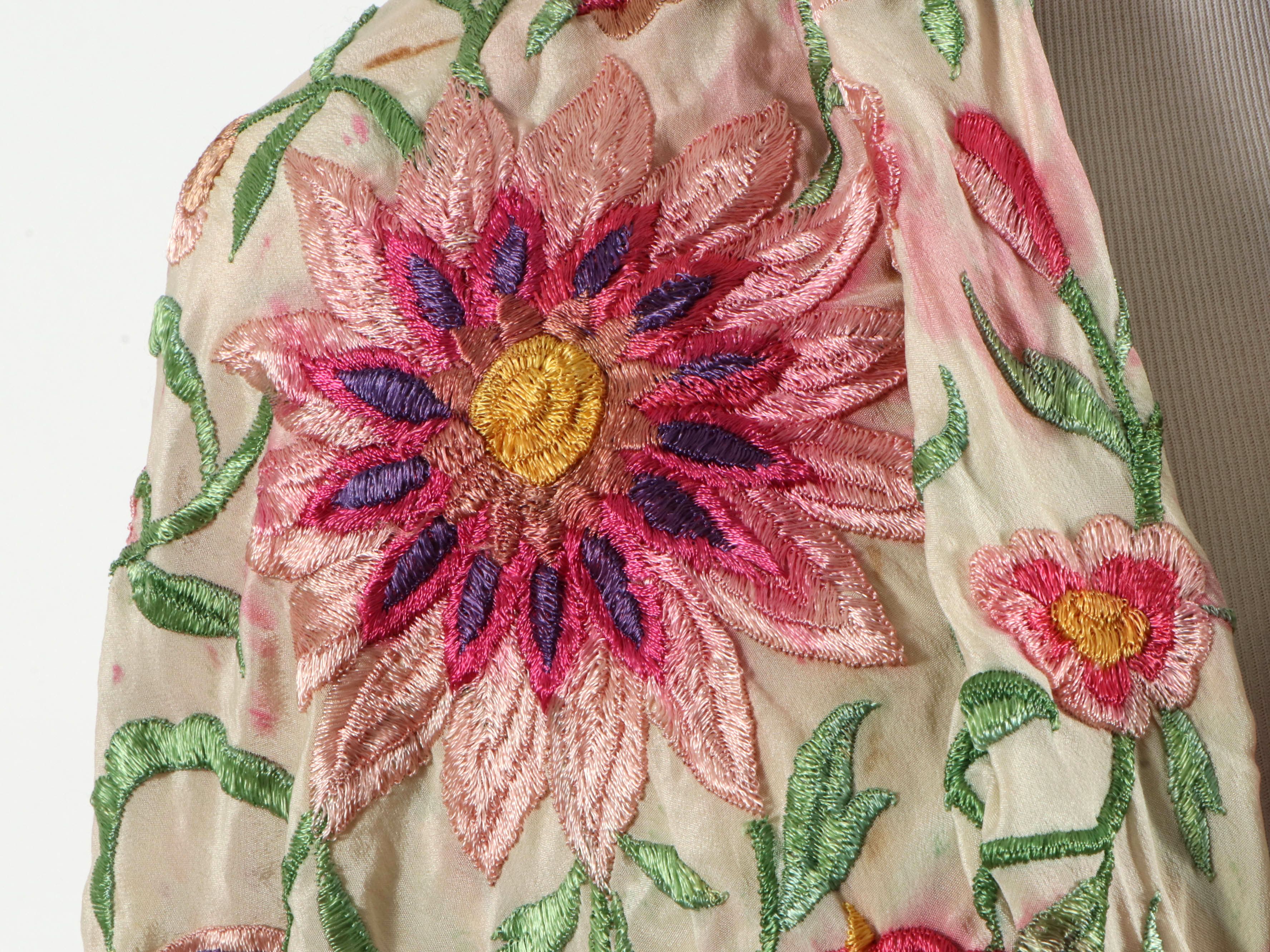 Floral Embroidered Cream Silk Piano Shawl, Early 20th Century