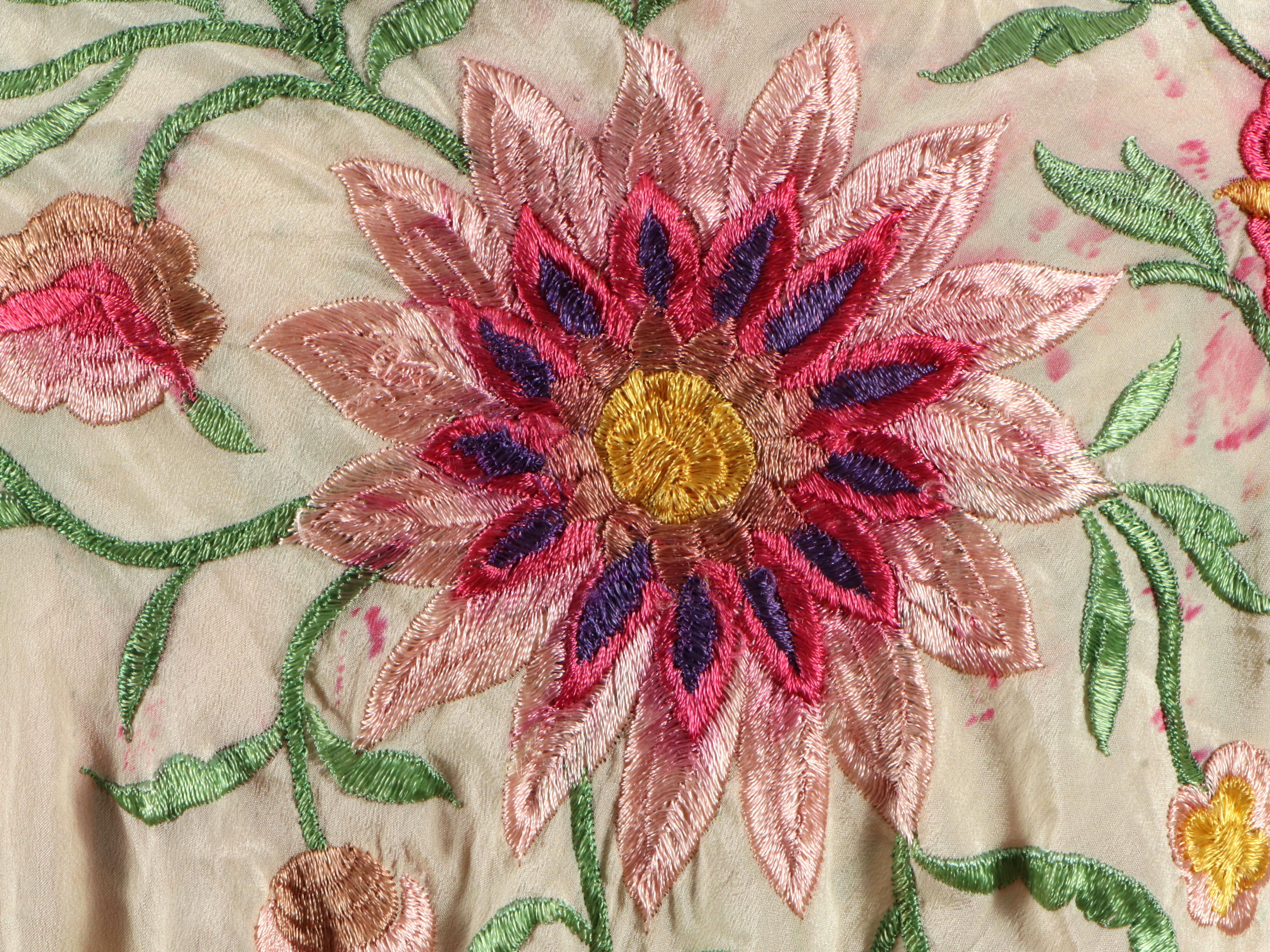 Floral Embroidered Cream Silk Piano Shawl, Early 20th Century