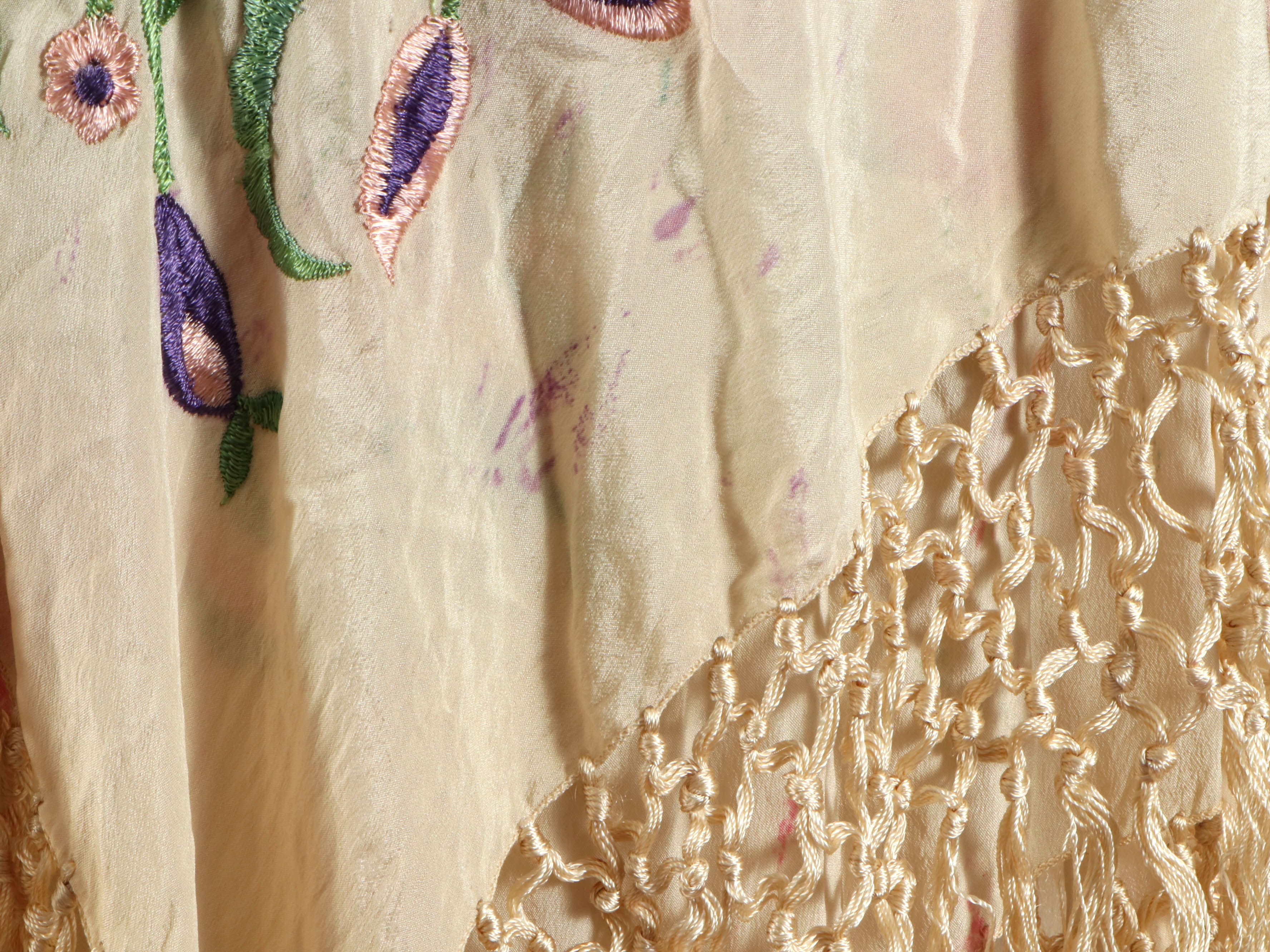 Floral Embroidered Cream Silk Piano Shawl, Early 20th Century