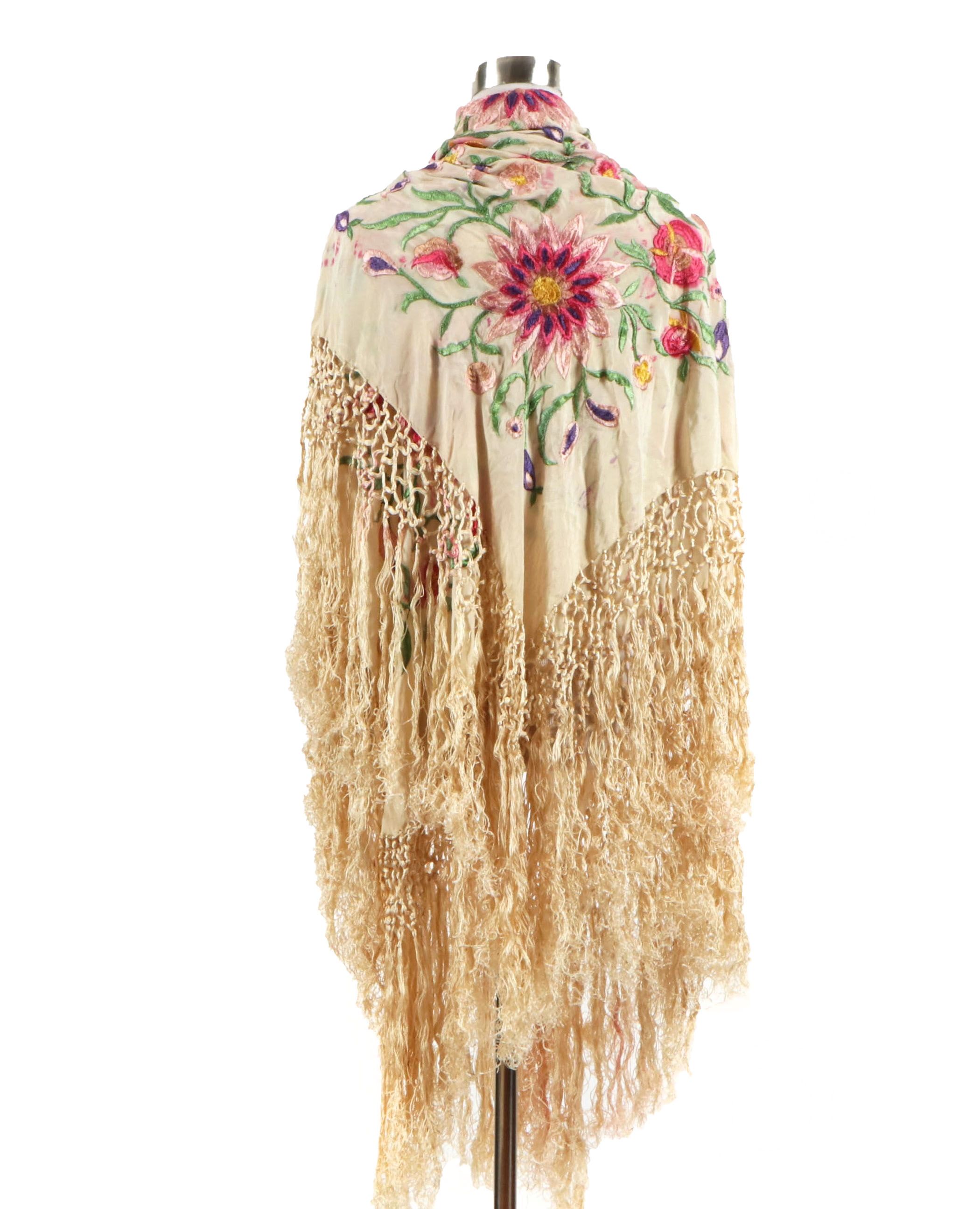 Floral Embroidered Cream Silk Piano Shawl, Early 20th Century
