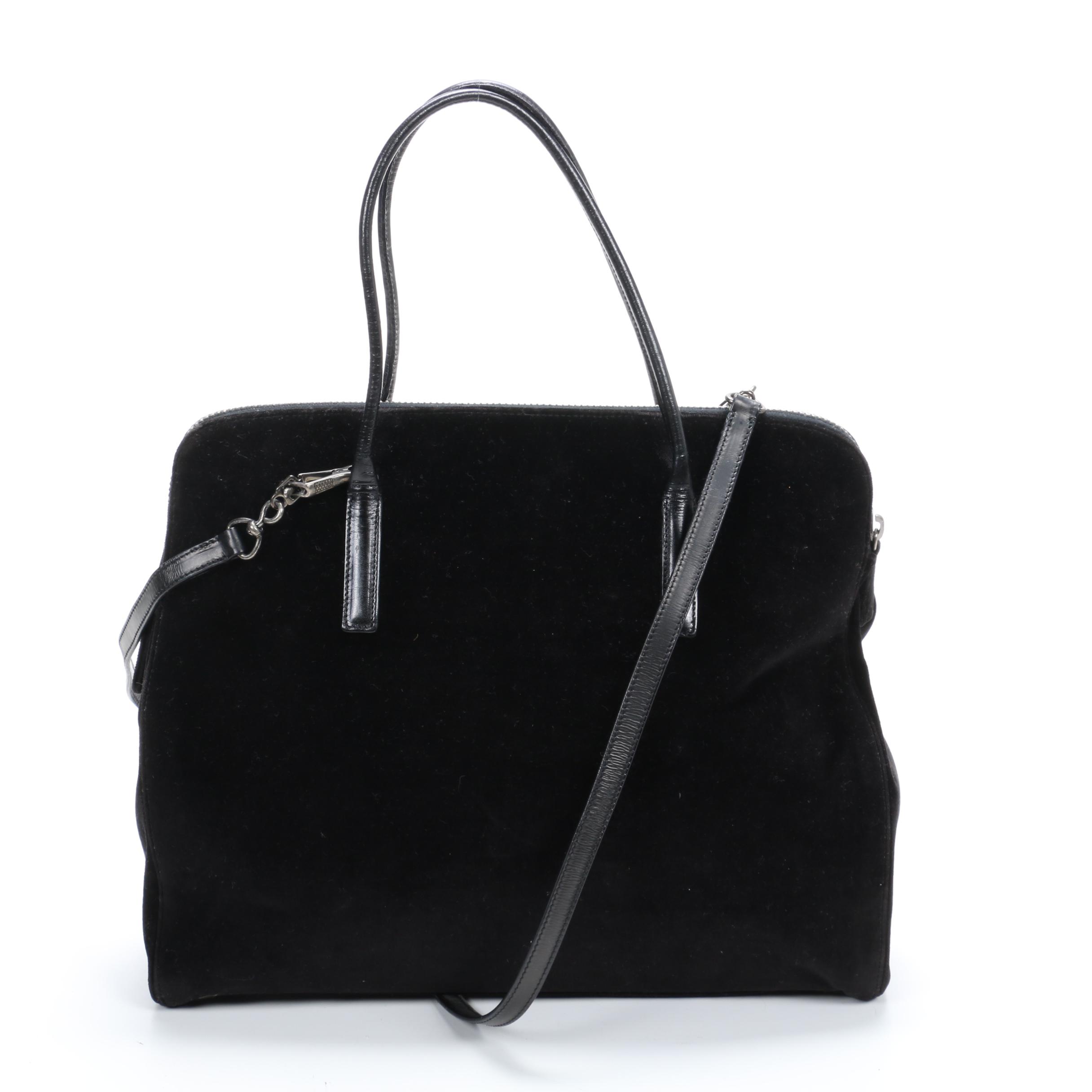 Prada Top Handle Two-Way Bag in Black Velvet and Leather