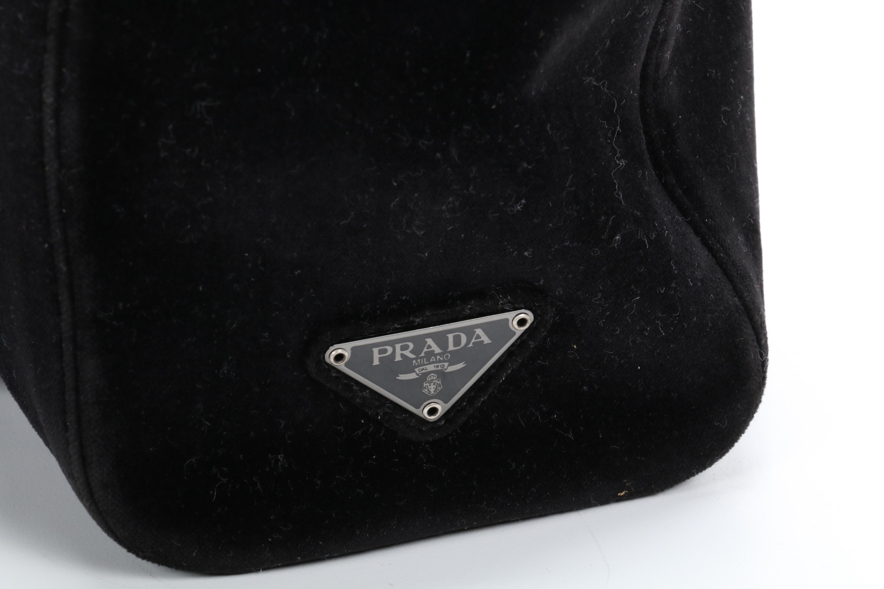 Prada Top Handle Two-Way Bag in Black Velvet and Leather