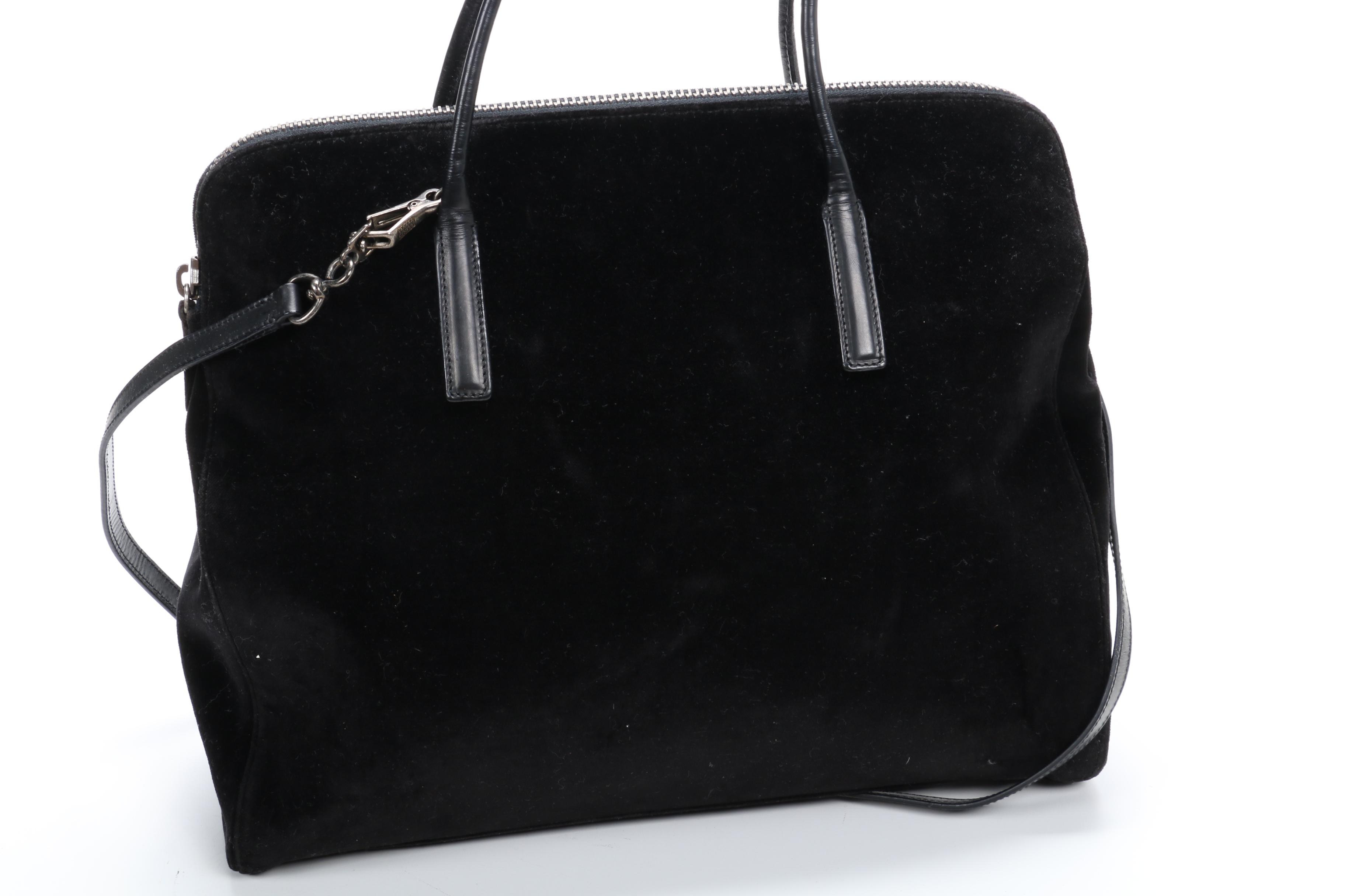 Prada Top Handle Two-Way Bag in Black Velvet and Leather