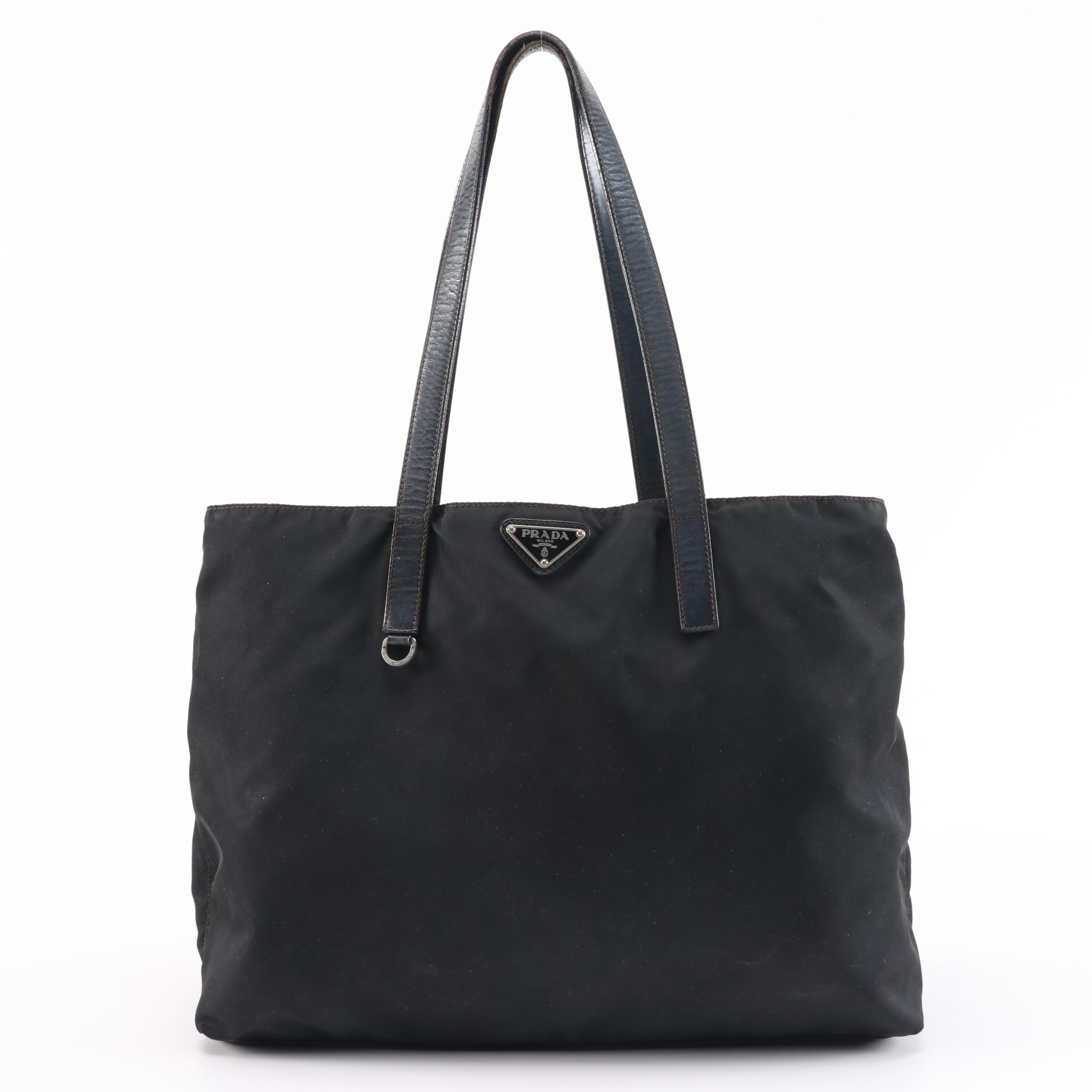 Prada Tessuto Nylon Tote Bag with Leather Straps in Black