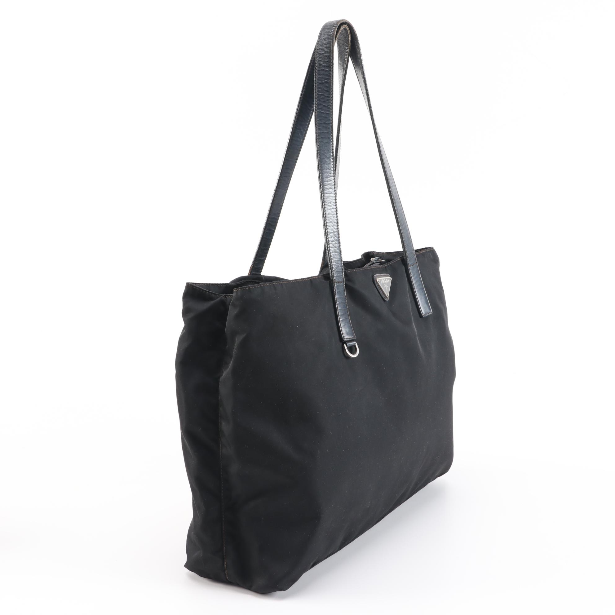 Prada Tessuto Nylon Tote Bag with Leather Straps in Black