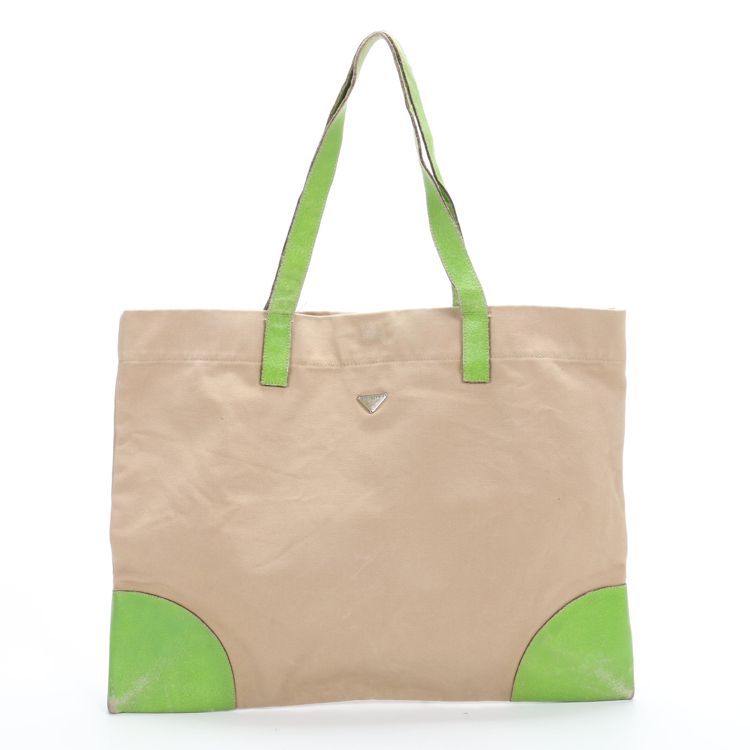 Prada Tote Bag in Beige Canvas and Lime Green Leather