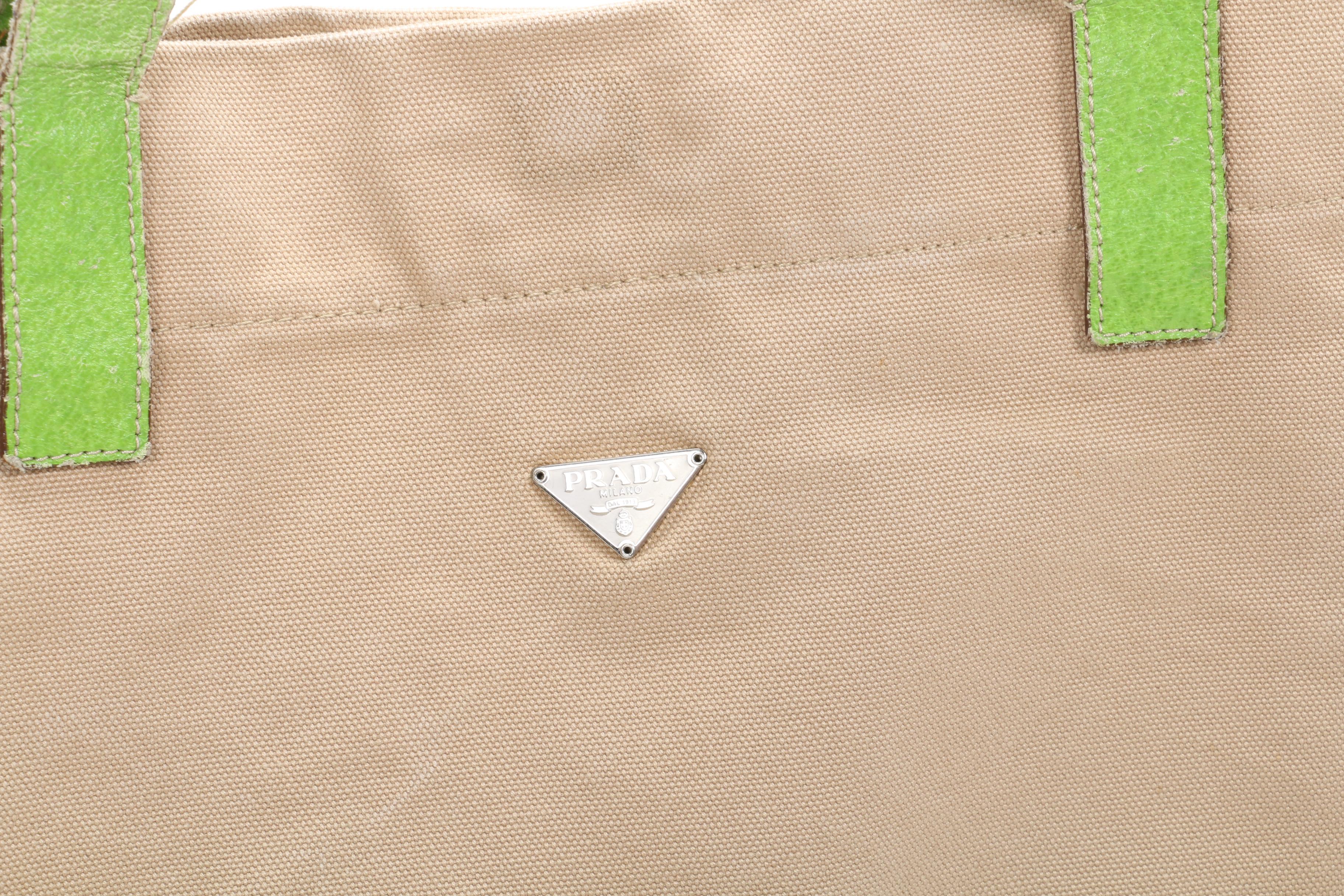 Prada Tote Bag in Beige Canvas and Lime Green Leather