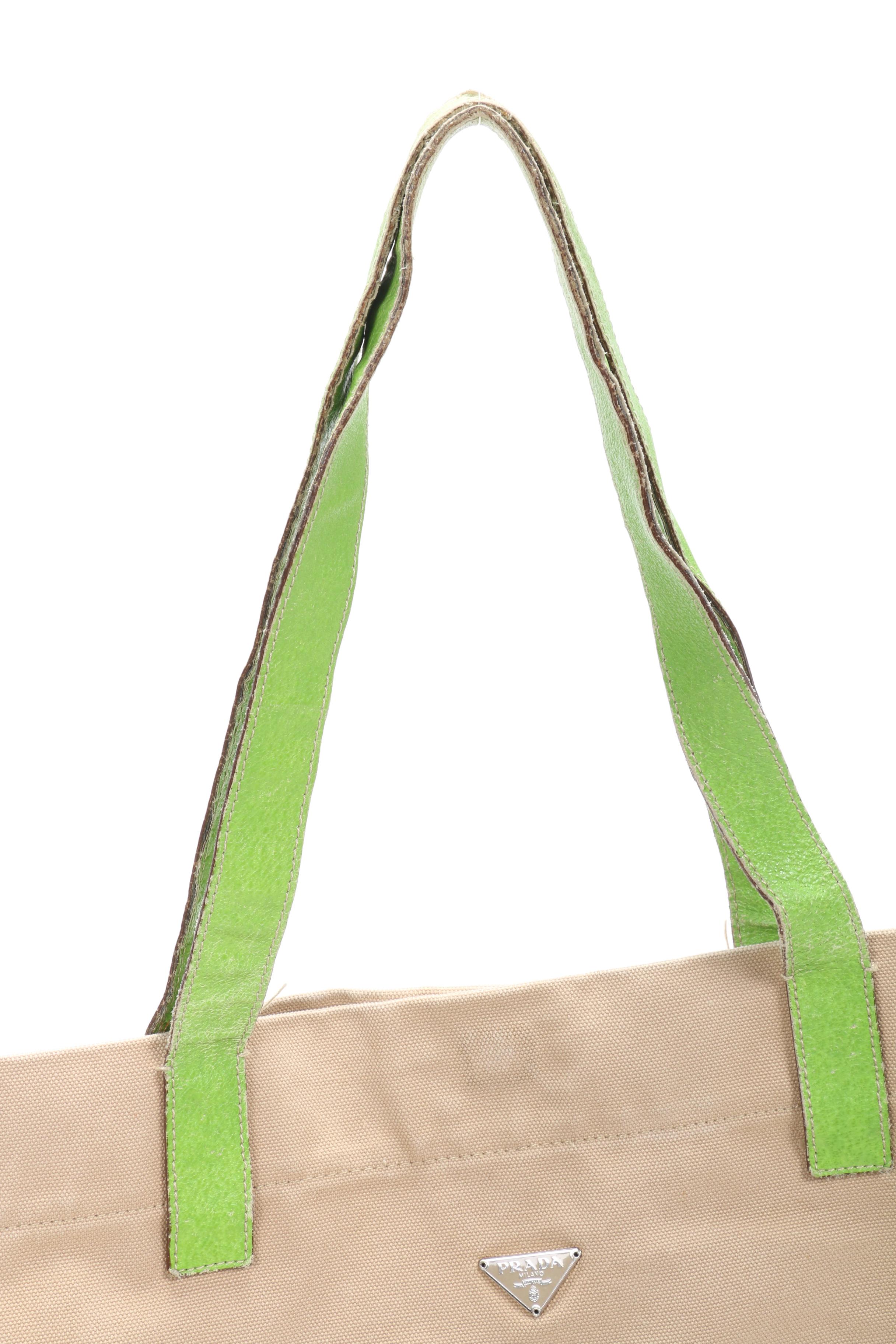 Prada Tote Bag in Beige Canvas and Lime Green Leather