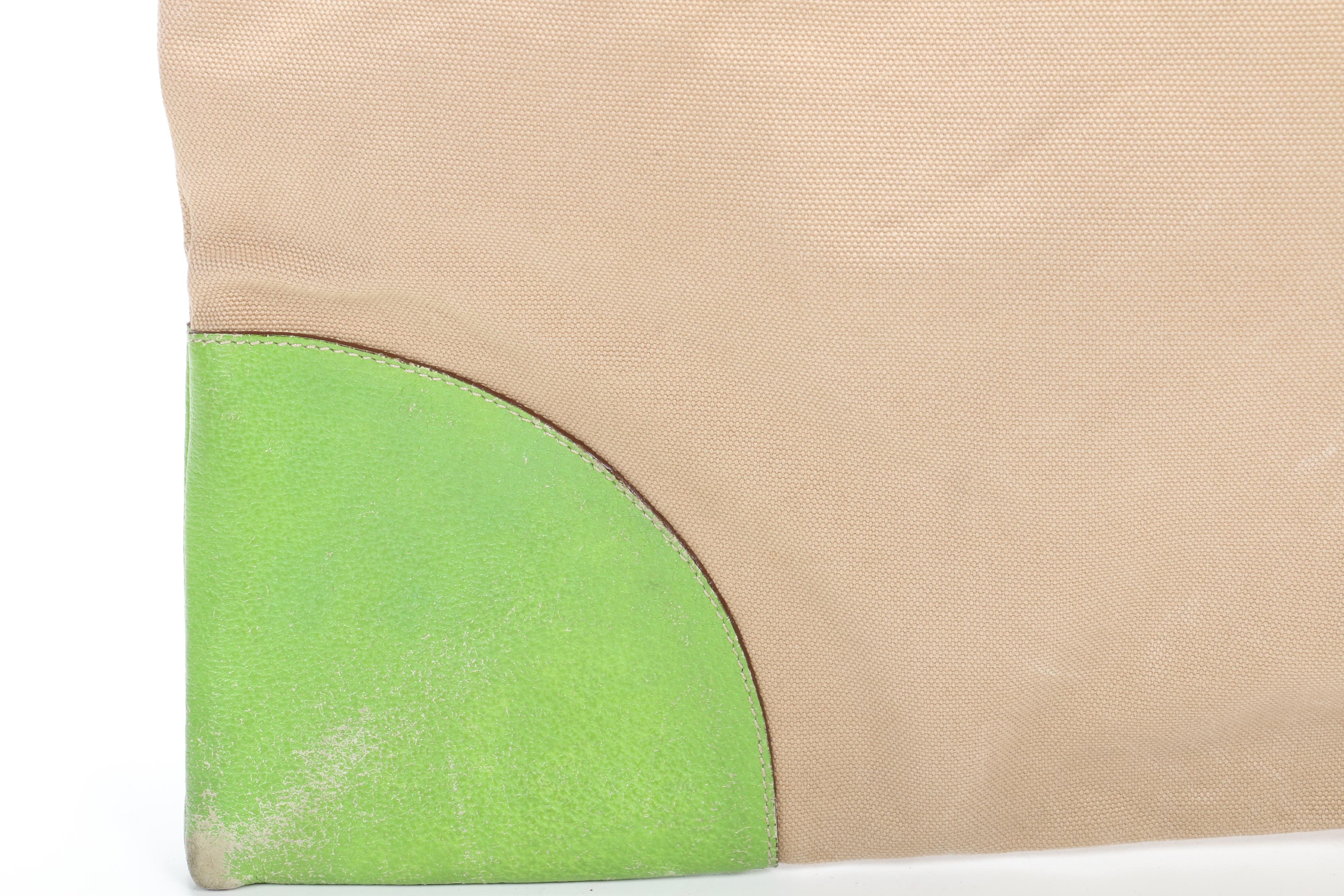 Prada Tote Bag in Beige Canvas and Lime Green Leather