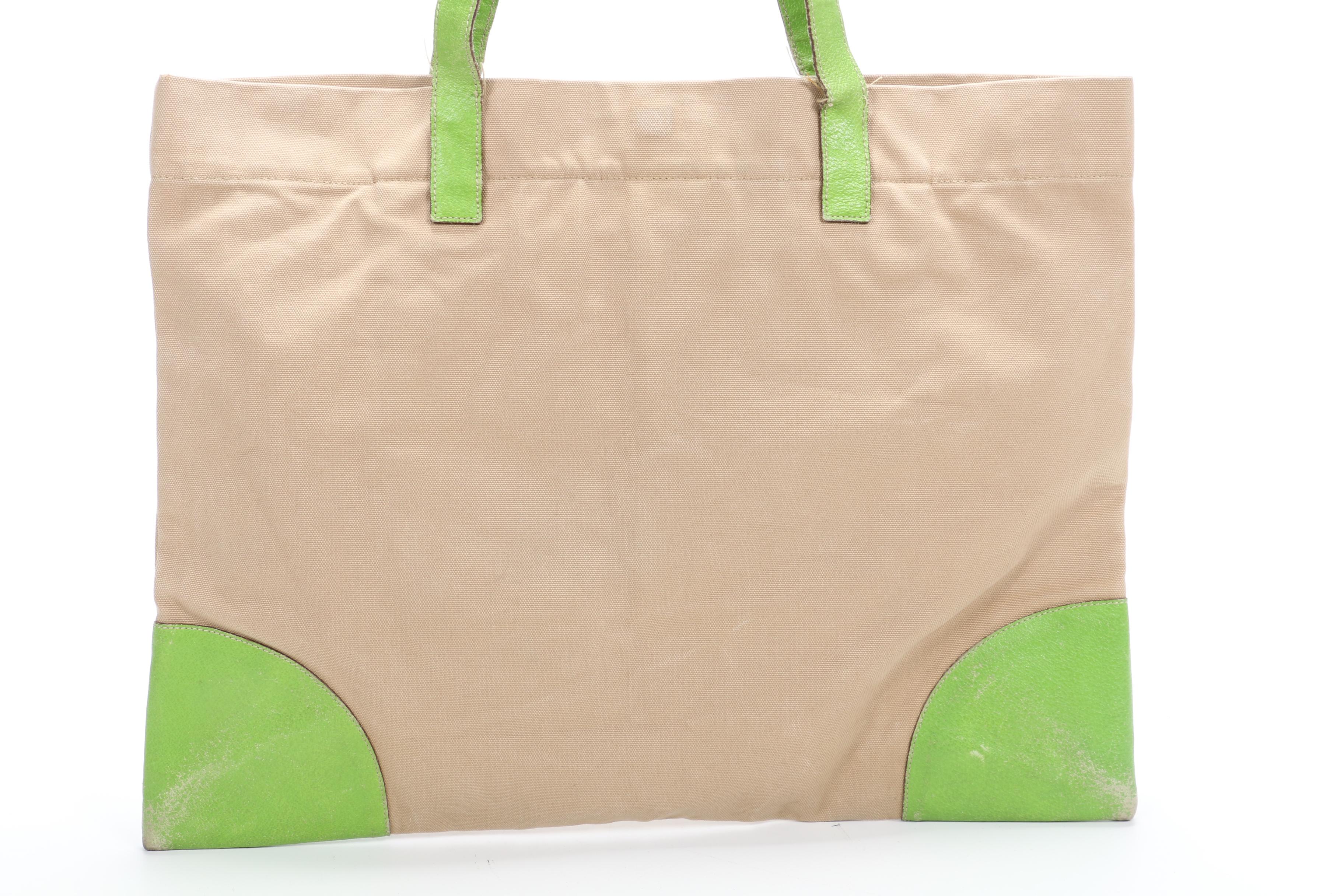 Prada Tote Bag in Beige Canvas and Lime Green Leather