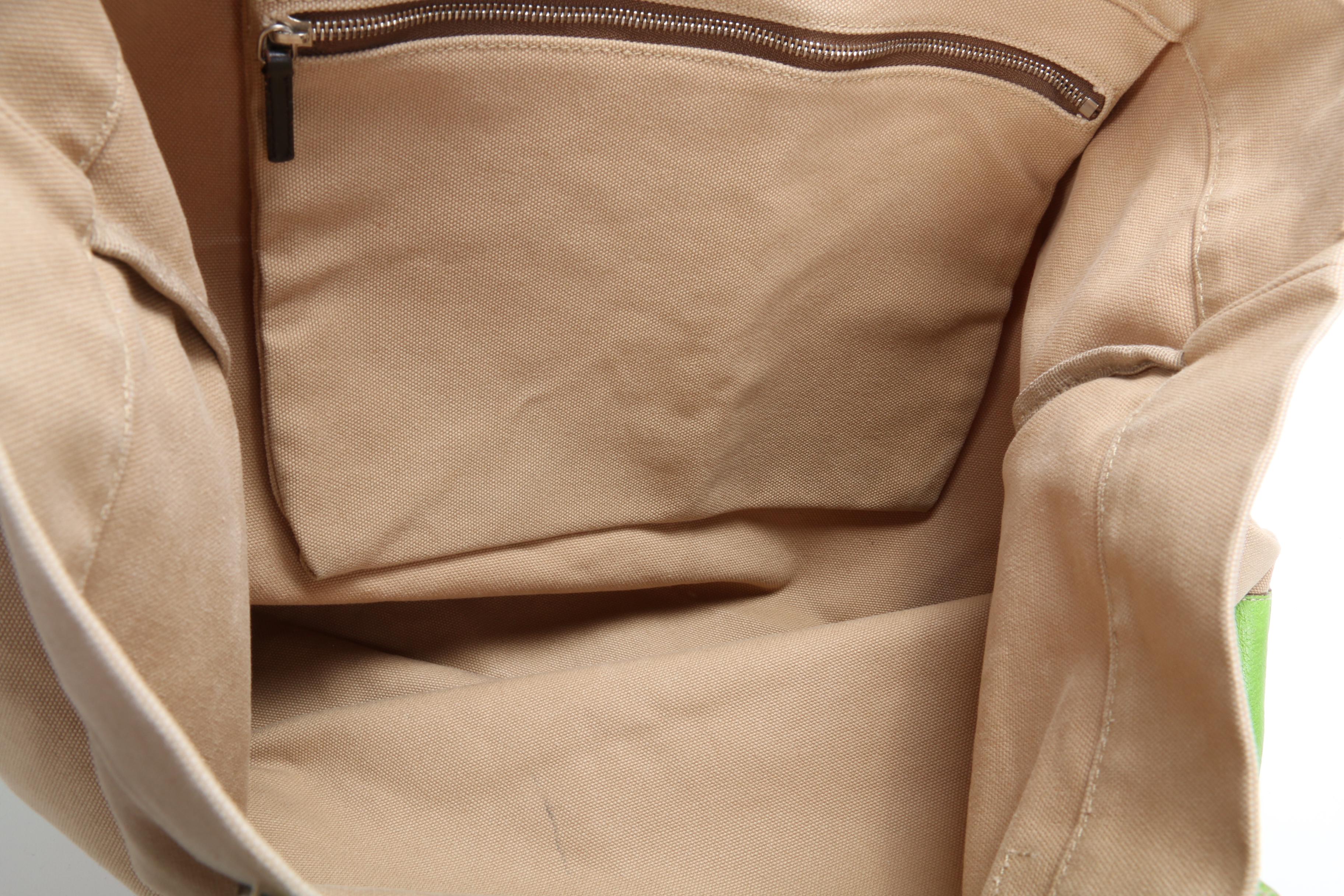 Prada Tote Bag in Beige Canvas and Lime Green Leather