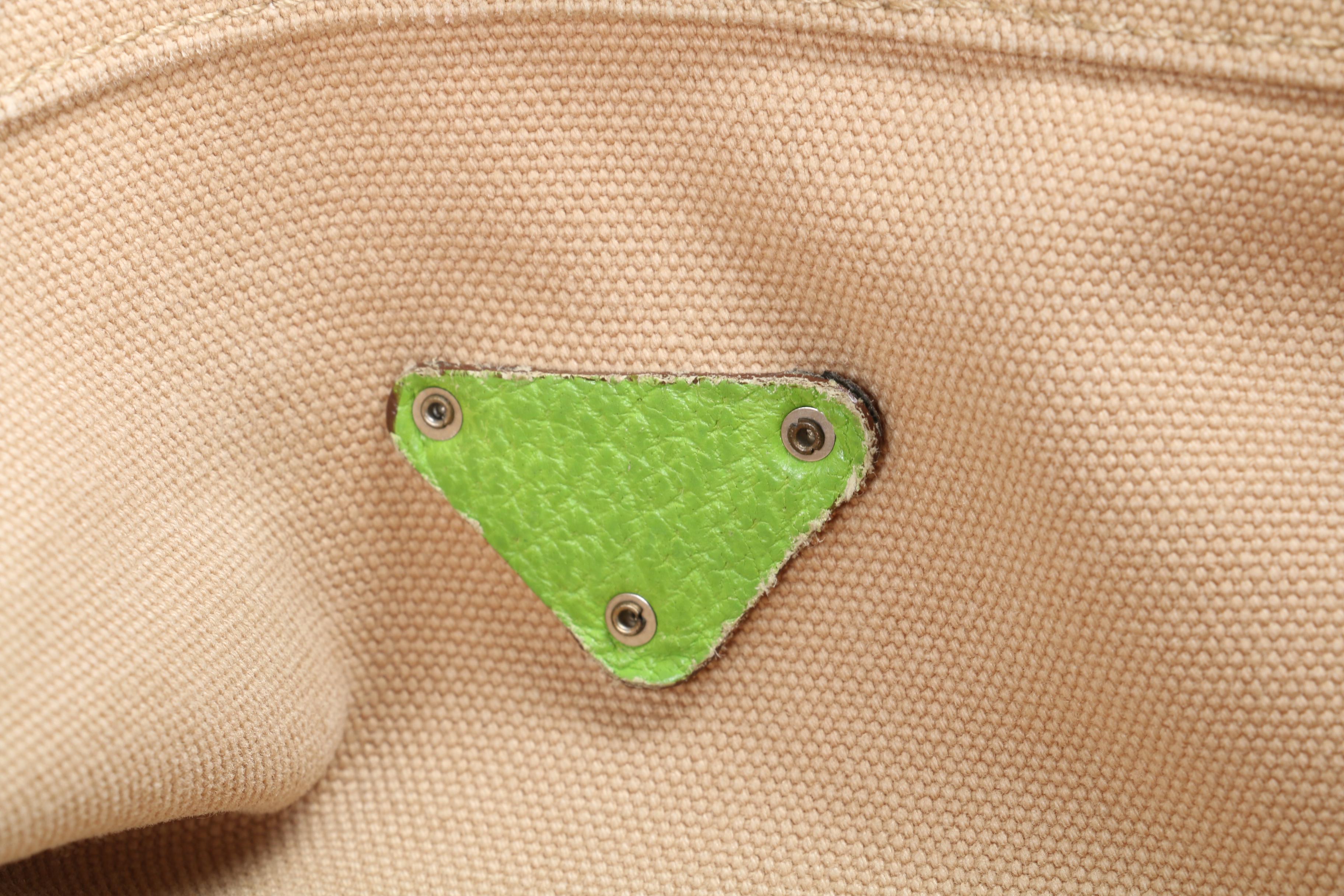 Prada Tote Bag in Beige Canvas and Lime Green Leather