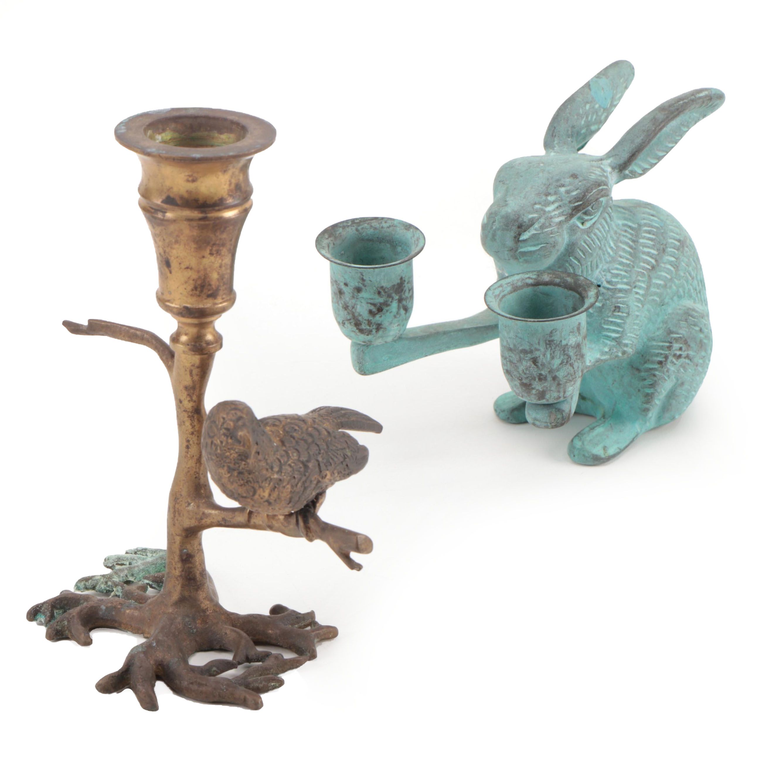 Bronze and Iron Animal Shaped Candle Holders,  Late 20th Century