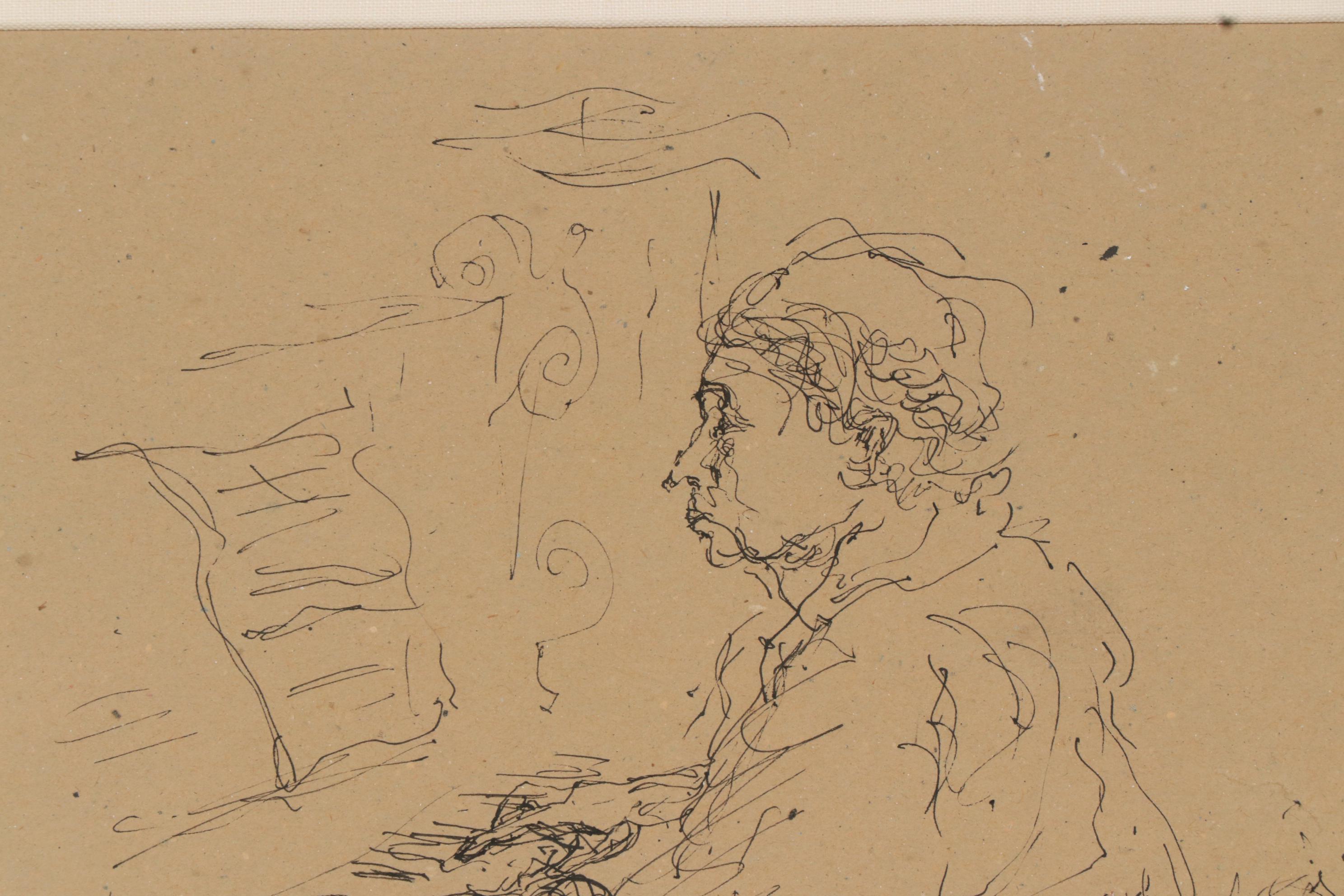 John Kuzich Ink Drawing "Woman Playing Piano"