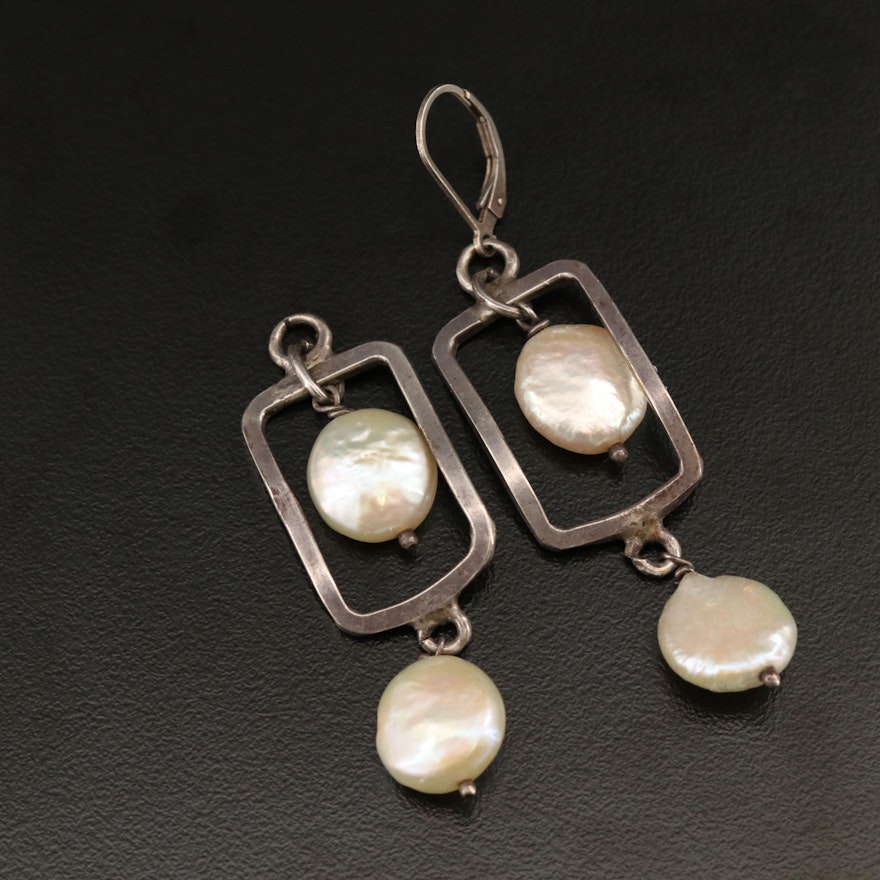 Sterling Silver Pearl Rectangular Dangle Earrings