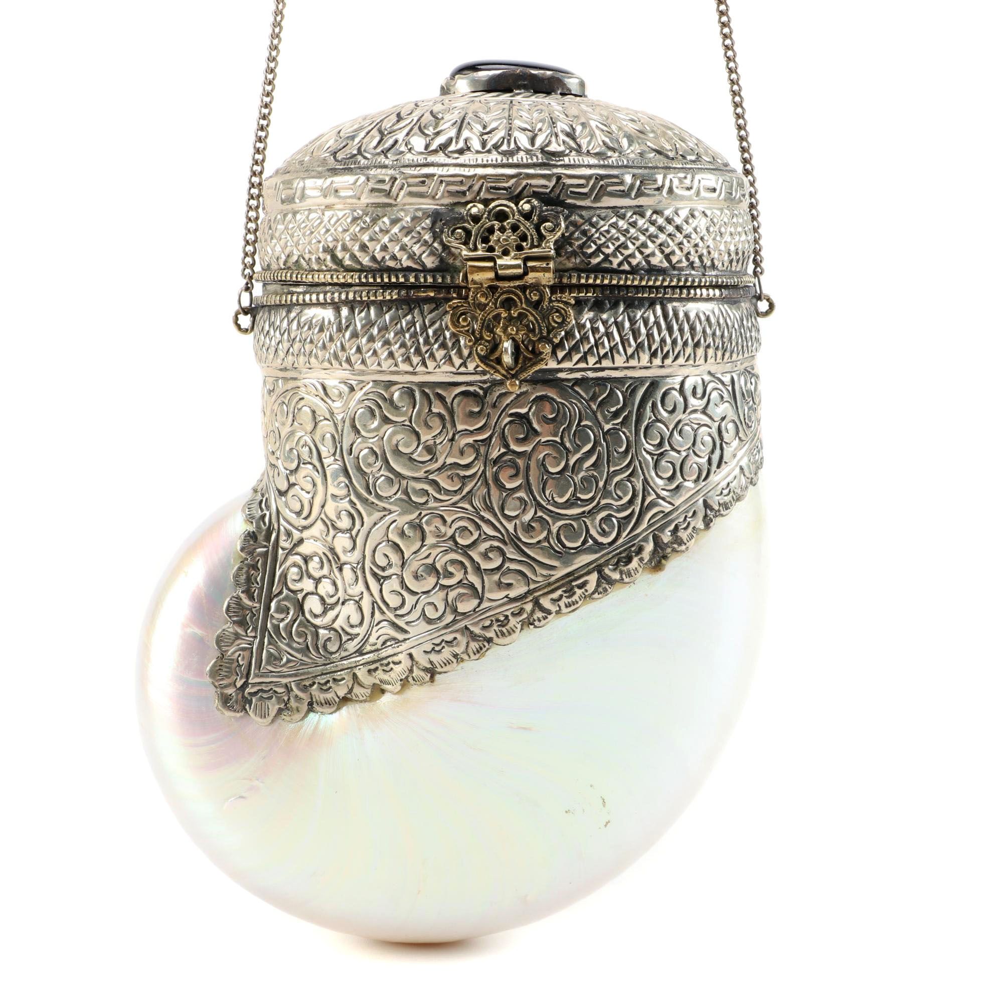 Pearlized Nautilus Shell and Metal Hinged Purse with Polished Cabochon