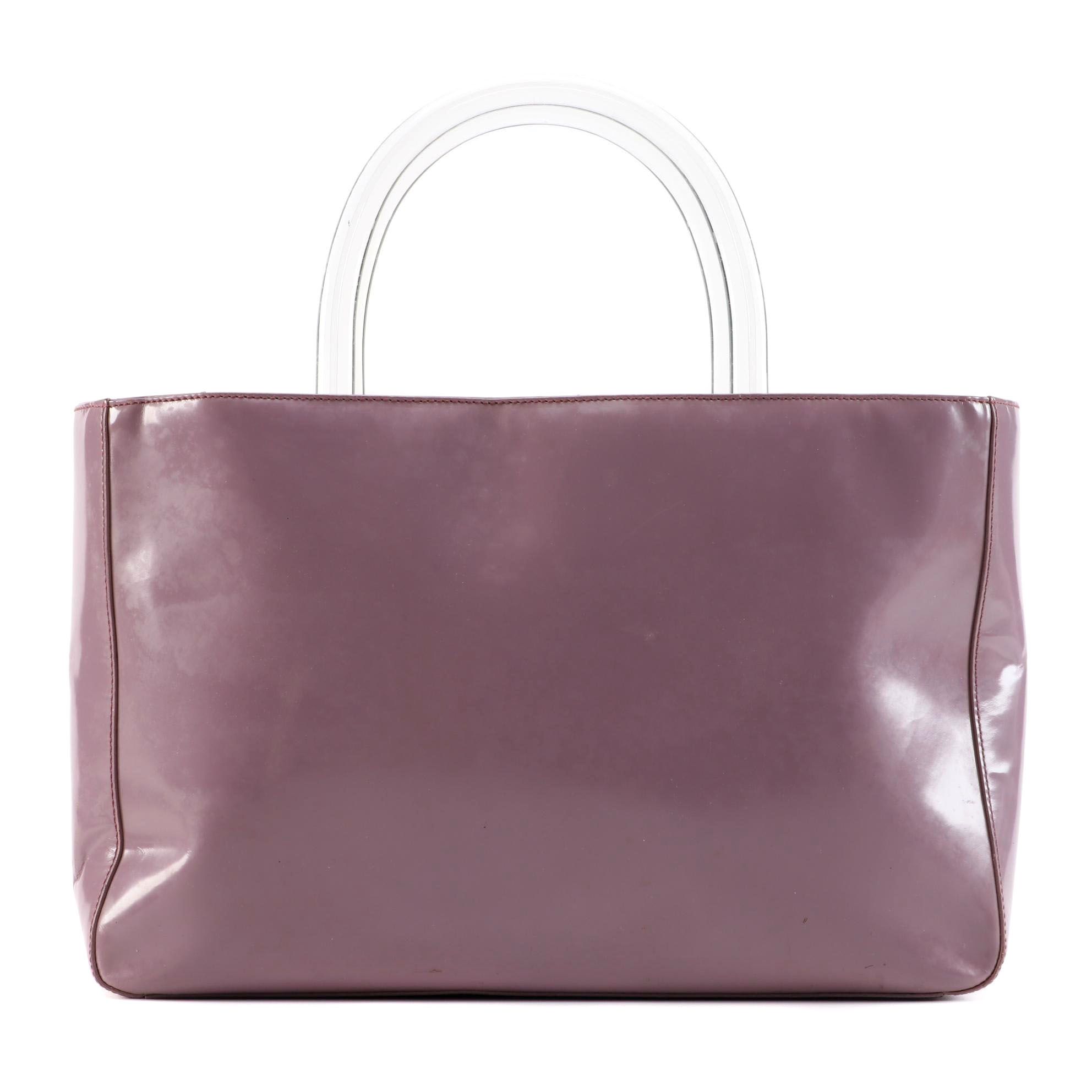 Prada Glazed Leather Handbag in Lilac with Clear Acrylic Handles