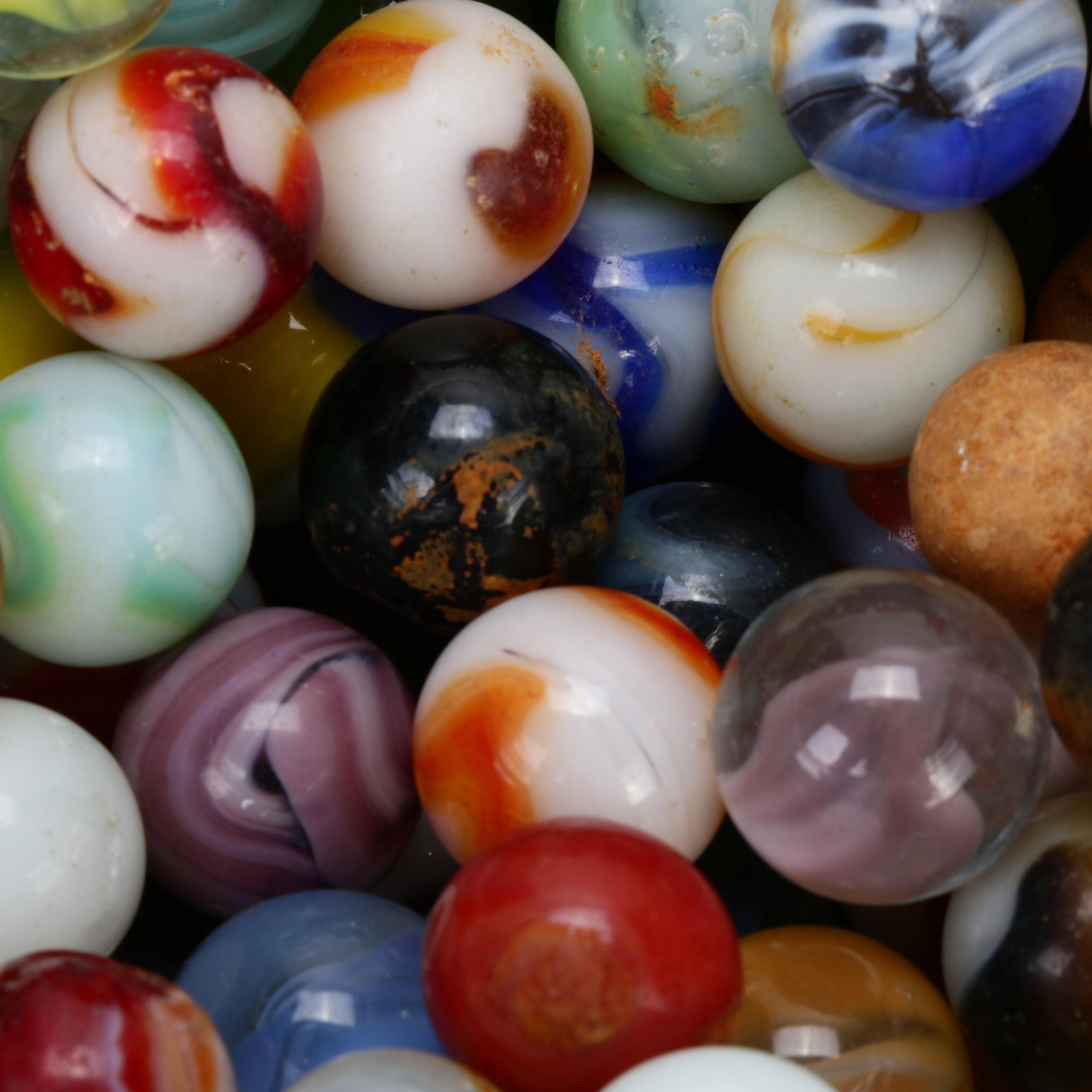 Akro Agate and Other Clay and Glass Marbles in Lidded Jar