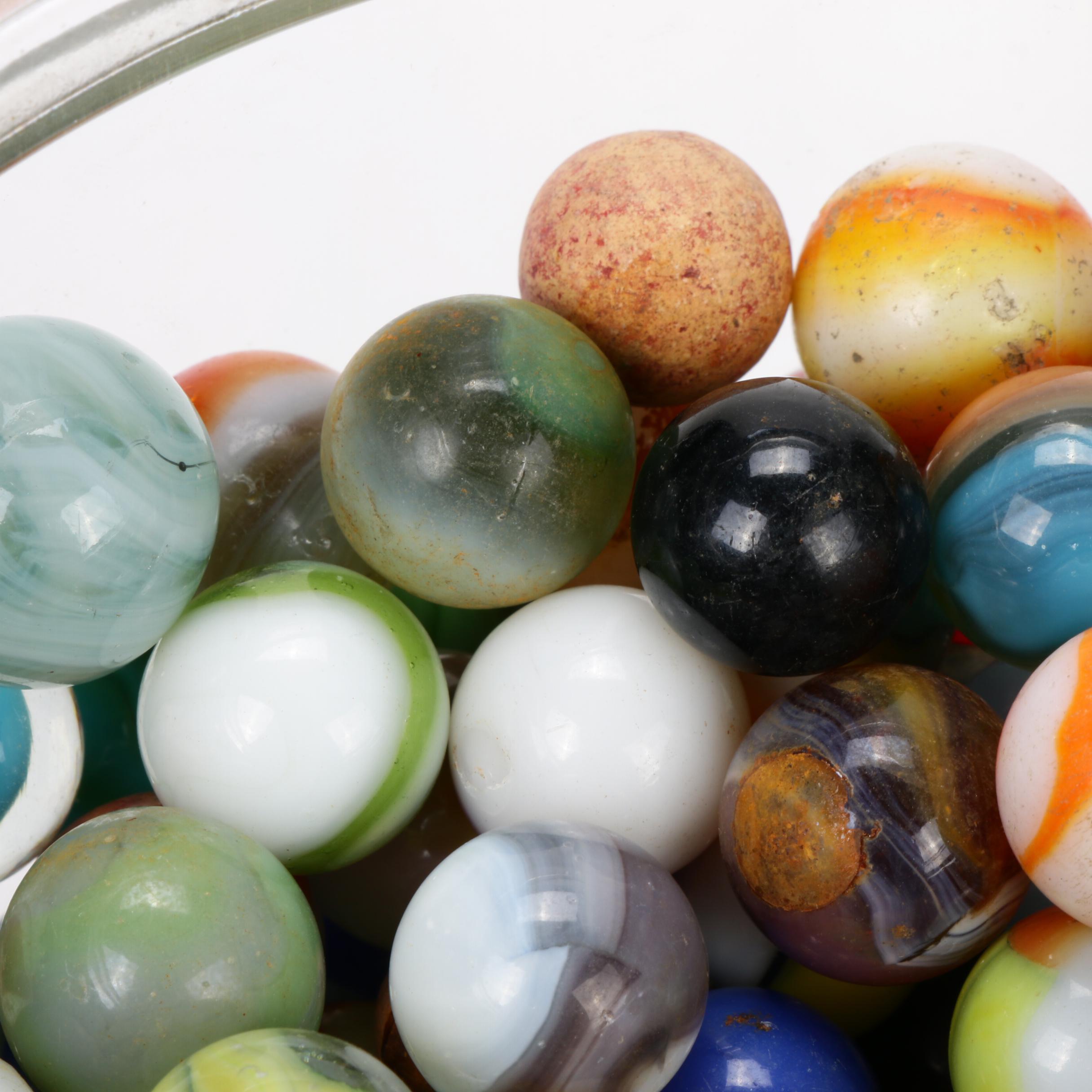 Akro Agate and Other Clay and Glass Marbles in Lidded Jar