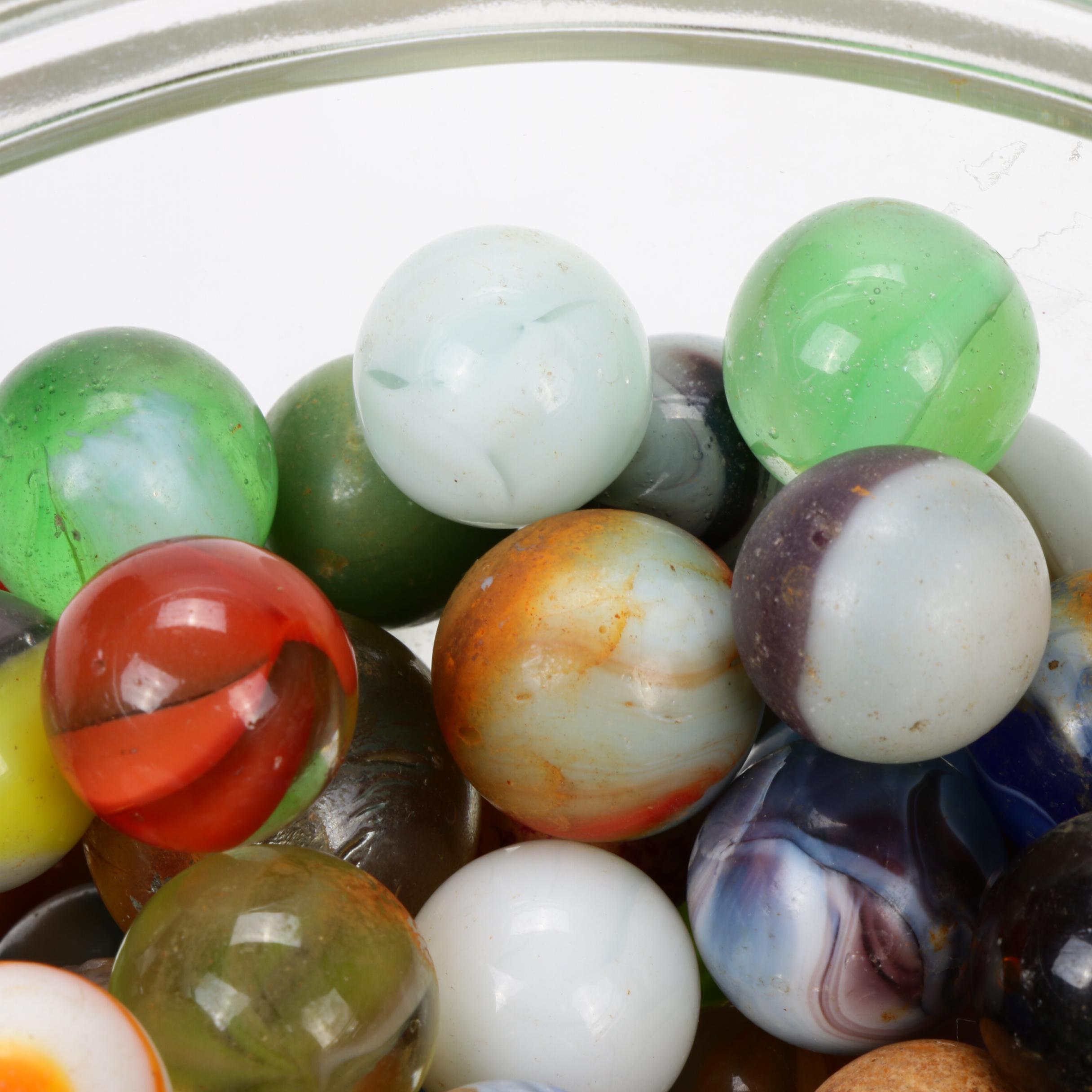 Akro Agate and Other Clay and Glass Marbles in Lidded Jar