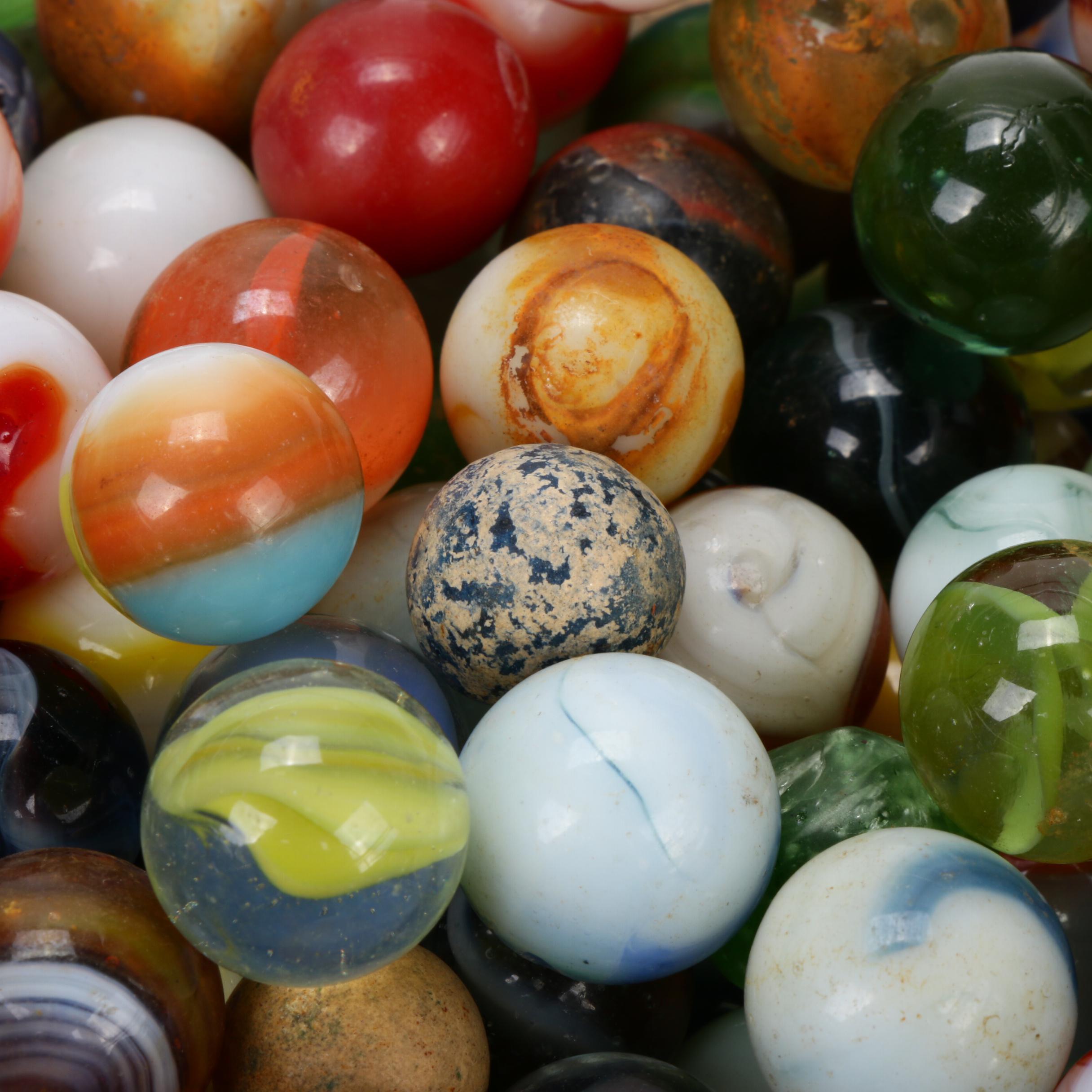 Akro Agate and Other Clay and Glass Marbles in Lidded Jar