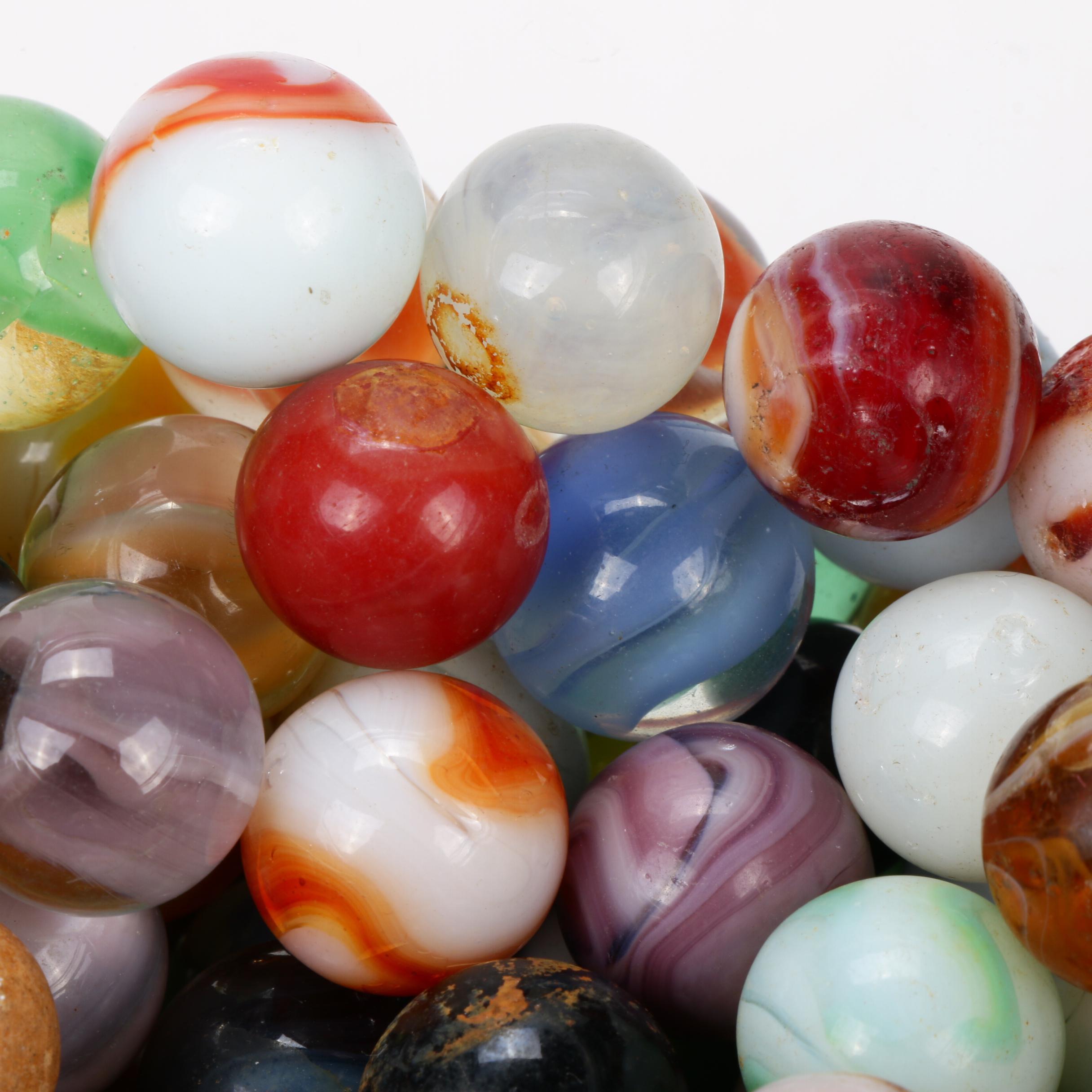 Akro Agate and Other Clay and Glass Marbles in Lidded Jar