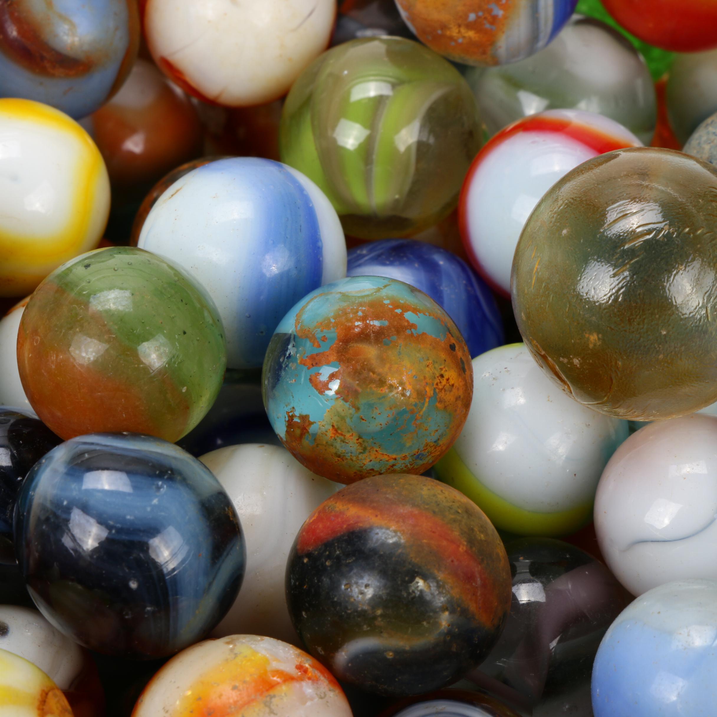 Akro Agate and Other Clay and Glass Marbles in Lidded Jar