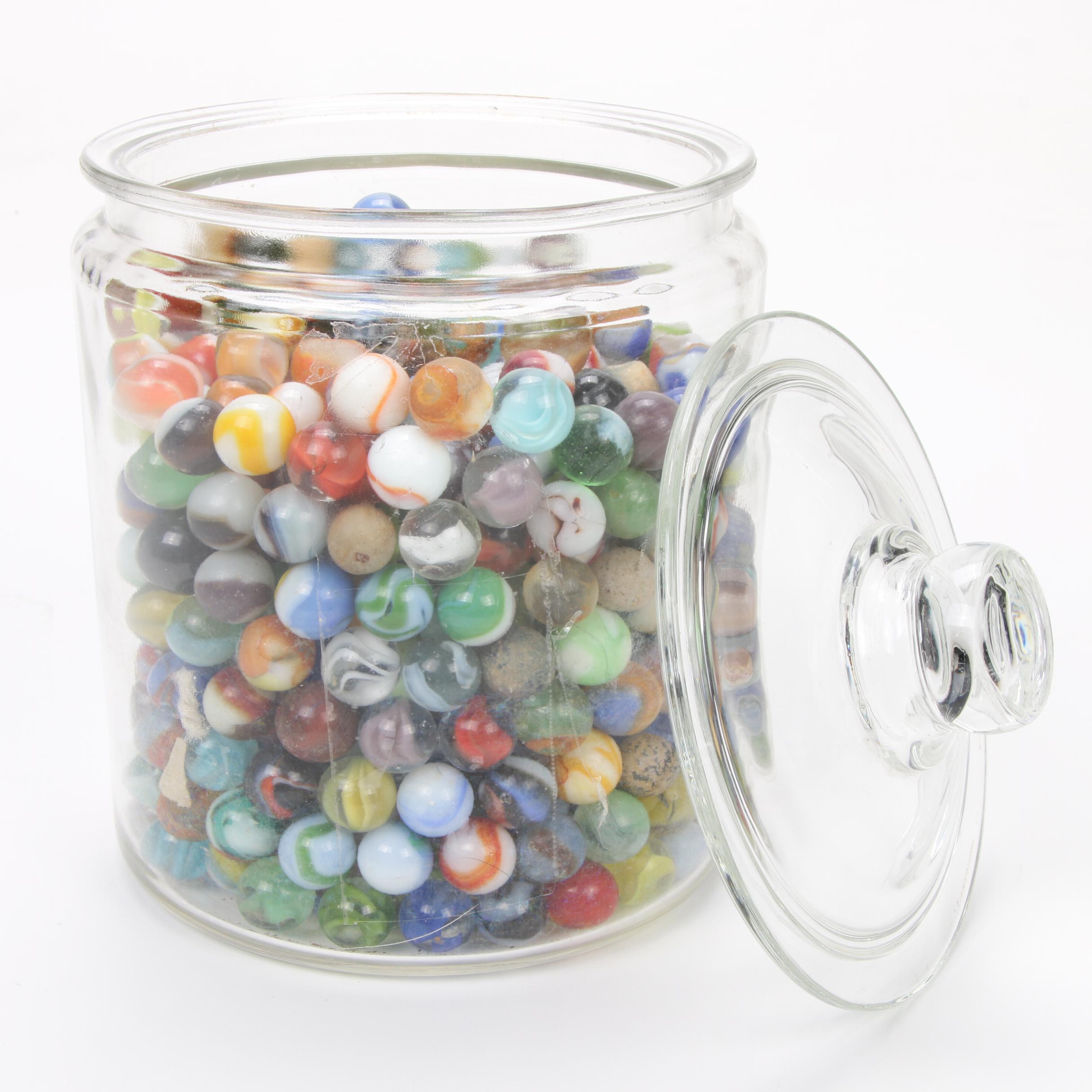 Akro Agate and Other Clay and Glass Marbles in Lidded Jar
