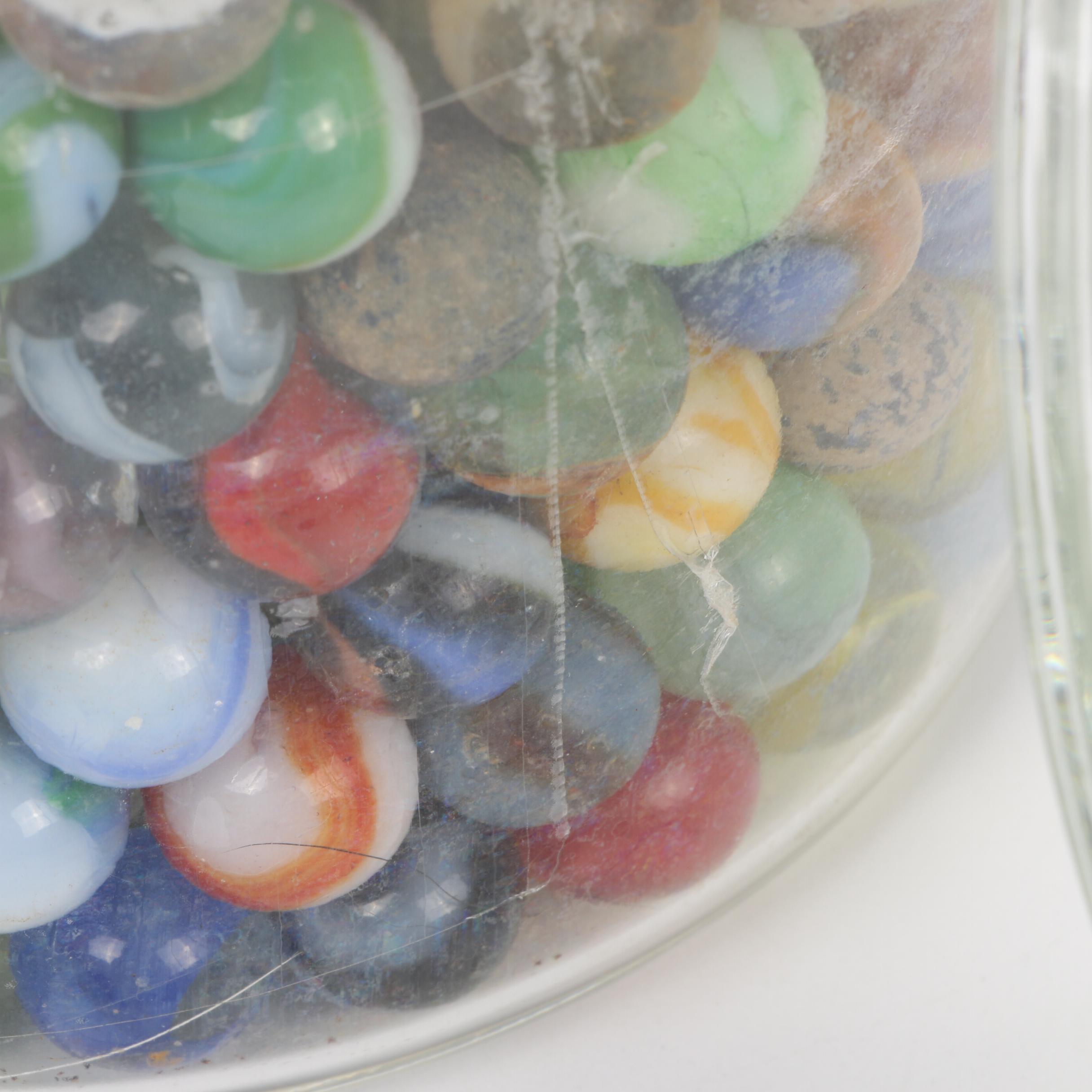 Akro Agate and Other Clay and Glass Marbles in Lidded Jar