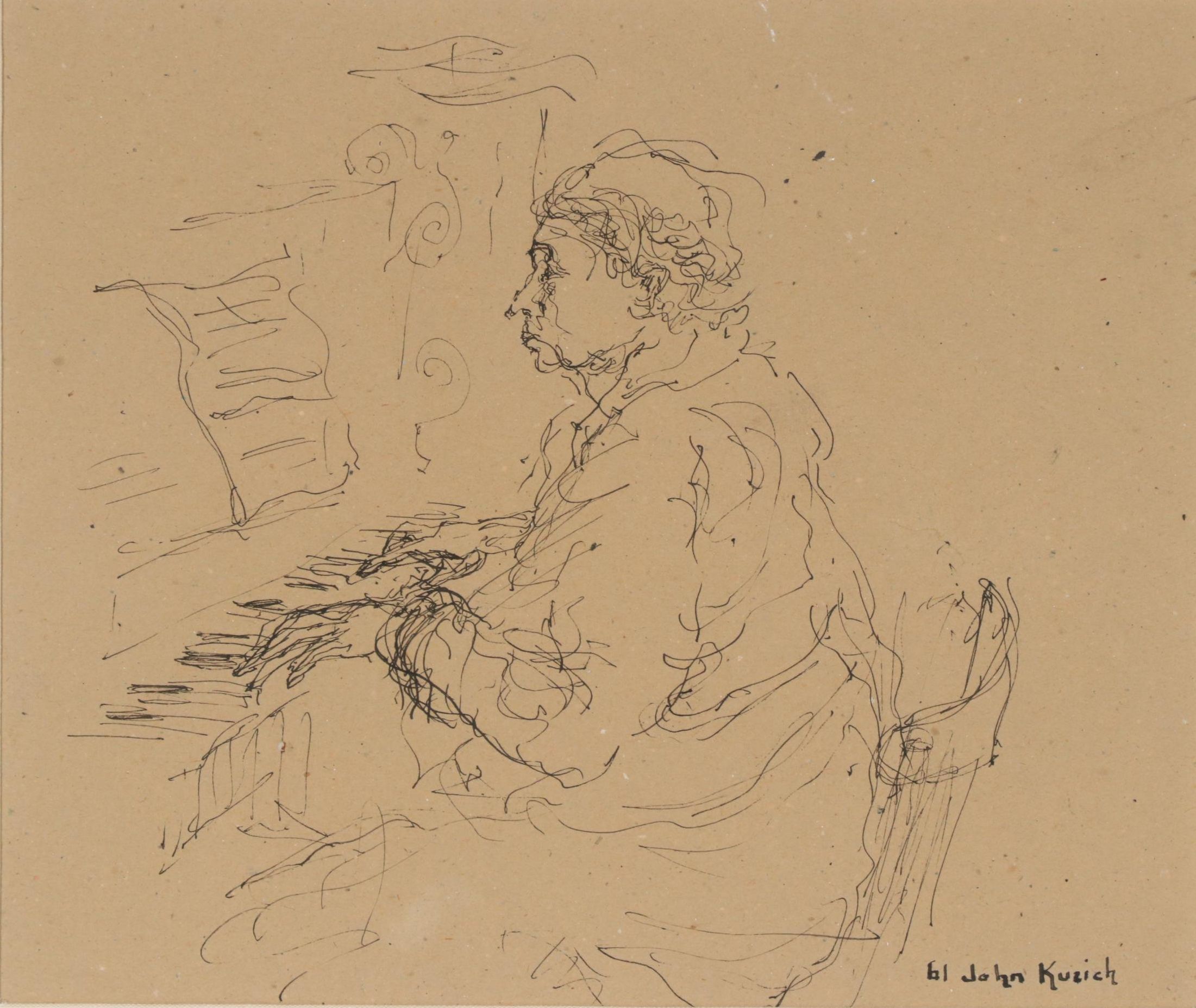 John Kuzich Ink Drawing "Woman Playing Piano"