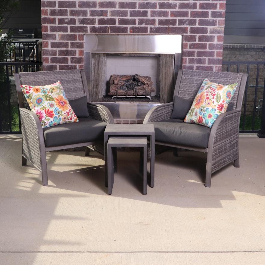 Panama Jack Woven Resin Patio Chairs with Cushions & Granite Style Side Tables