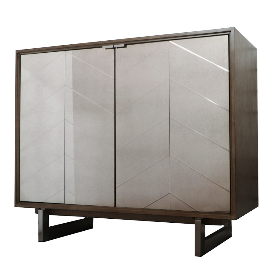 Driftwood Finish Wine Cabinet with Mirrored Doors, Contemporary